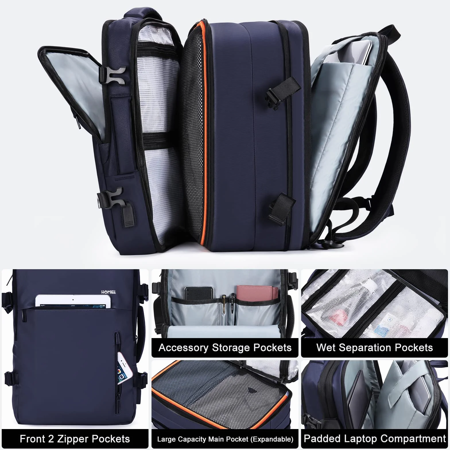 HOMIEE Zaino da Viaggio Aereo Zaino Porta PC 15.6 Pollici Zaini Uomo Impermeabile Anti-furto Antifurto Zaino Computer Portatile con Caricatore USB per Scuola Lavor Università