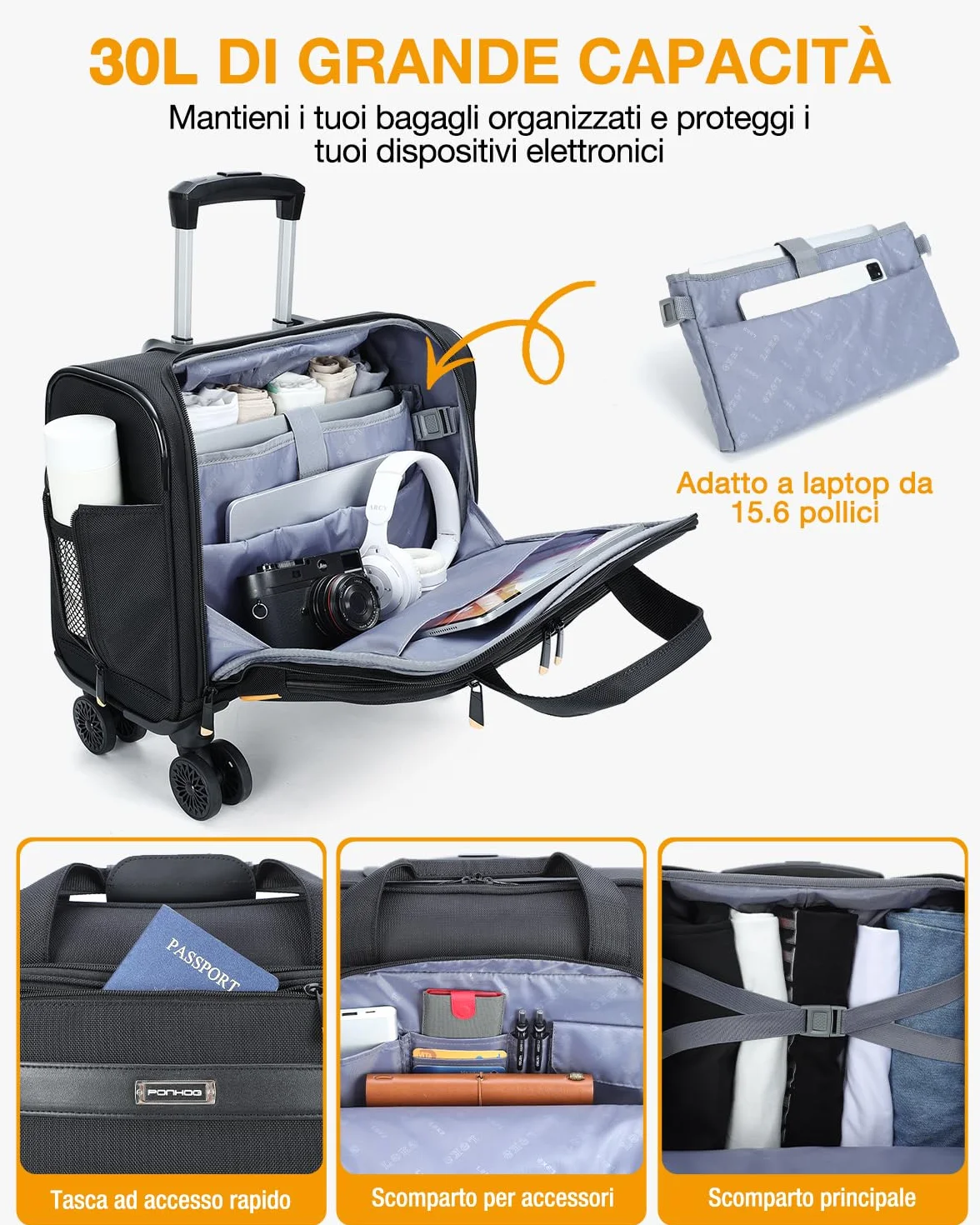 Ponhog Trolley per PC Portatili 15.6 Pollici, Borsa per Laptop con 4 Ruote Rimovibili, Nero