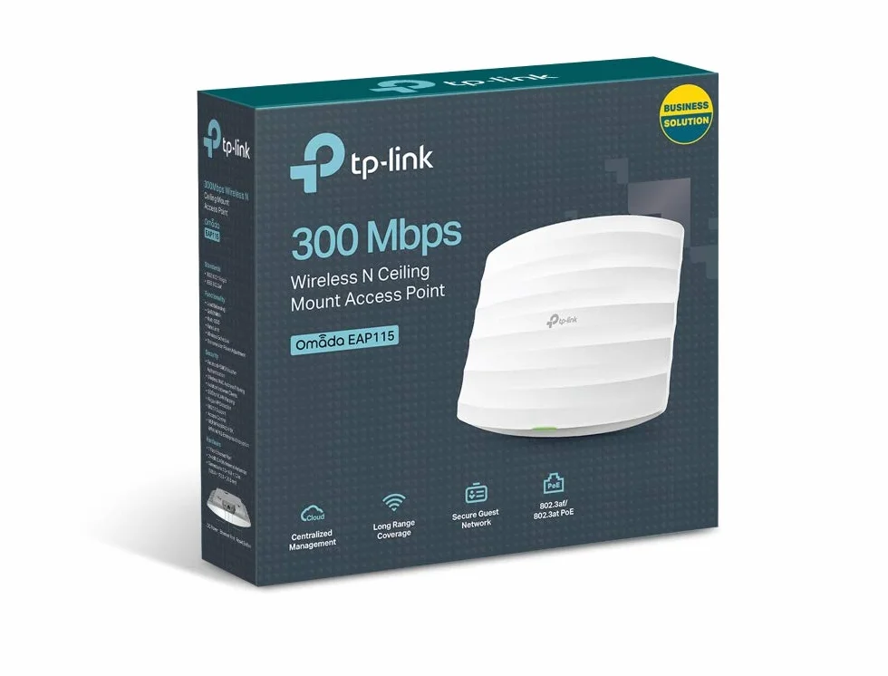 TP-Link EAP115 Professionale Access Point Wireless N 300 Mbps, PoE 802.3af, Predisposizione al Montaggio a Soffitto, Captive Portal, Bianco, N300