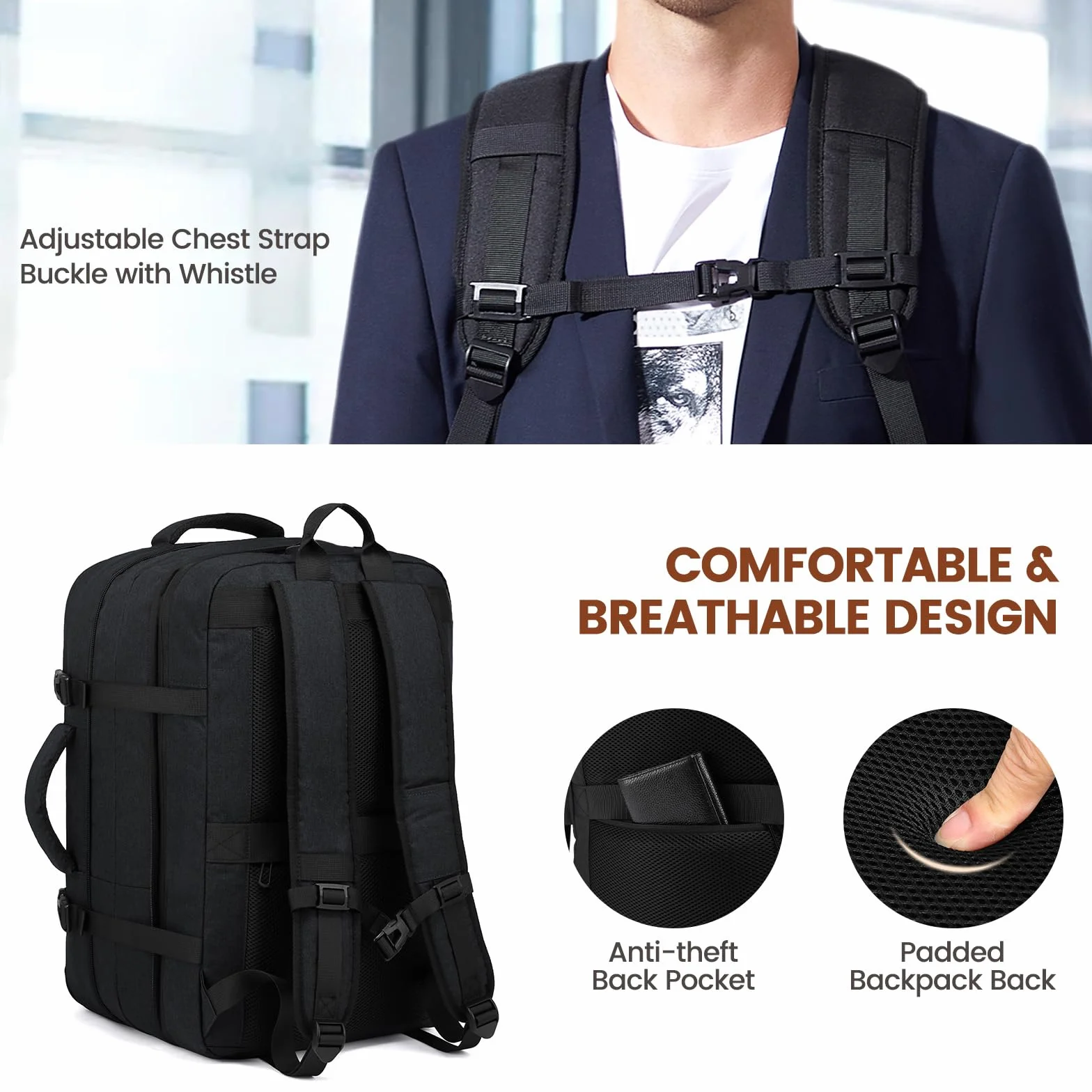 LOVEVOOK Zaino da Viaggio Cabina 30L con Compartimento per Laptop 15,6 Pollici, Bagaglio a Mano per EasyJet e Ryanair, Nero