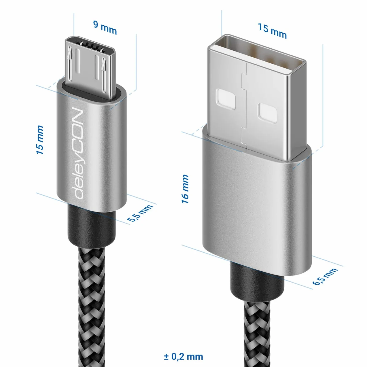 deleyCON 3,0m Cavo Micro USB in Nylon Cavo di Ricarica e Dati con Connettori in Metallo per Ricarica e Sincronizzazione Telefono Smartphone Tablet