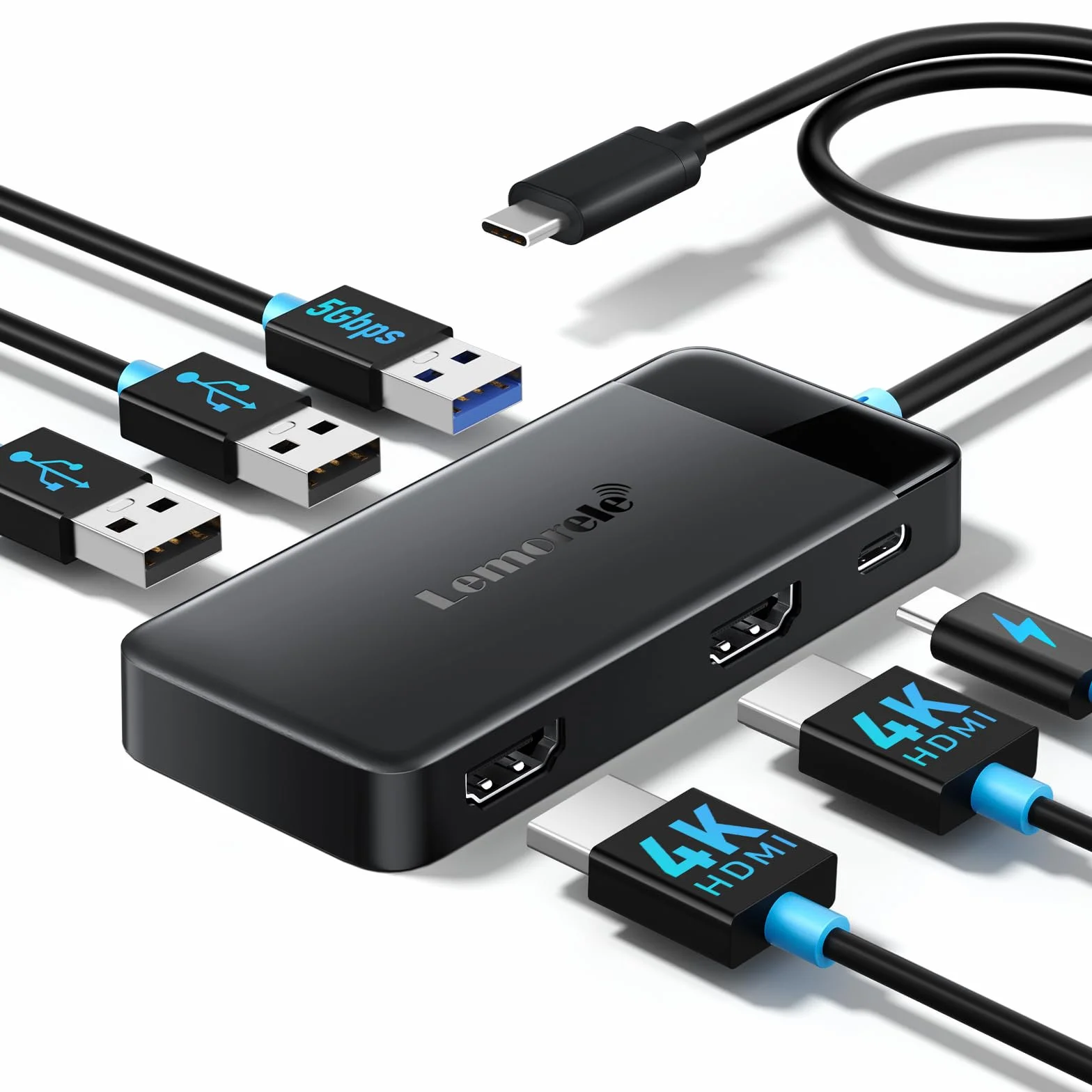 Lemorele Hub USB C 6 in 1 Multiporta, 2 HDMI 4K@30Hz, 3 USB 3.0, PD 100W - Docking Station per Monitor Doppio, Caricamento Rapido per MacBook, Windows, PC