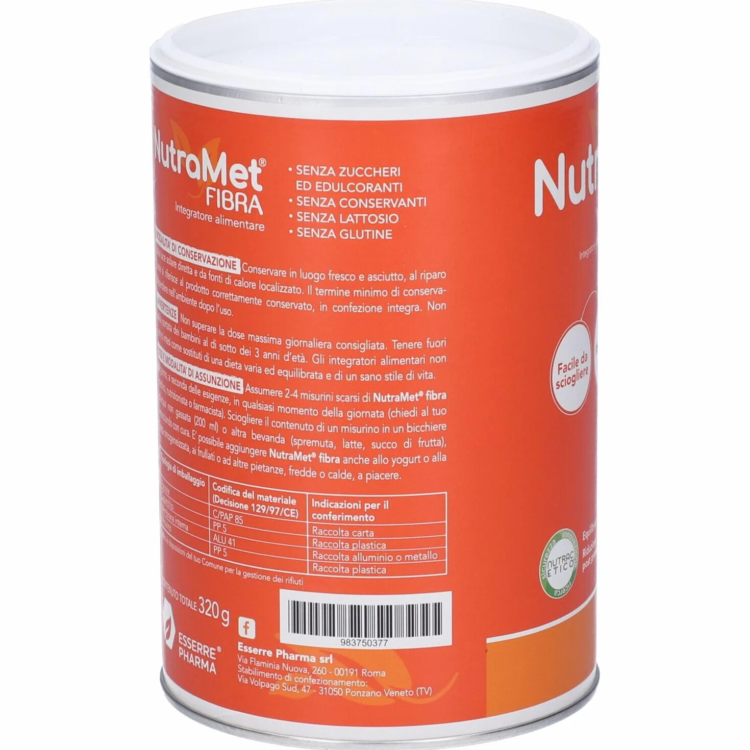 NUTRAMET FIBRA 320 G Integratore alimentare Fibra solubile da frumento