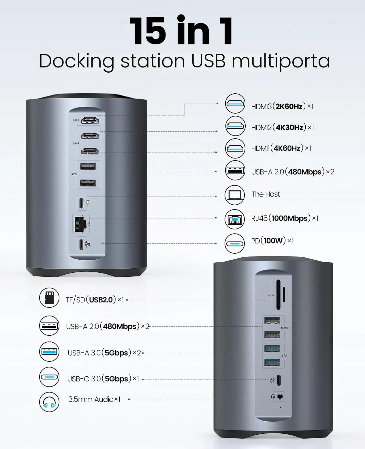 ORICO Docking Station USB C, 15 in 1 Hub Tre Monitor Con 100W PD, 2 USB-A 3.0+4 USB-A 2.0+1 USB-C 3.0, 3 HDMI 4K@60Hz, RJ45, 3.5mm, SD/TF per MacBook M1/Lenovo/Thinkpad/Dell/Hp