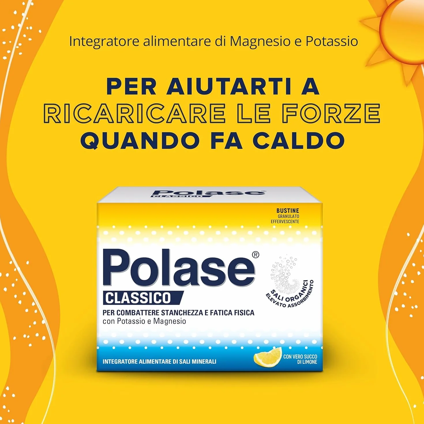 Polase Classico Magnesio e Potassio Integratore Alimentare Stanchezza Fisica Sali Minerali Gusto Limone 24 Bustine