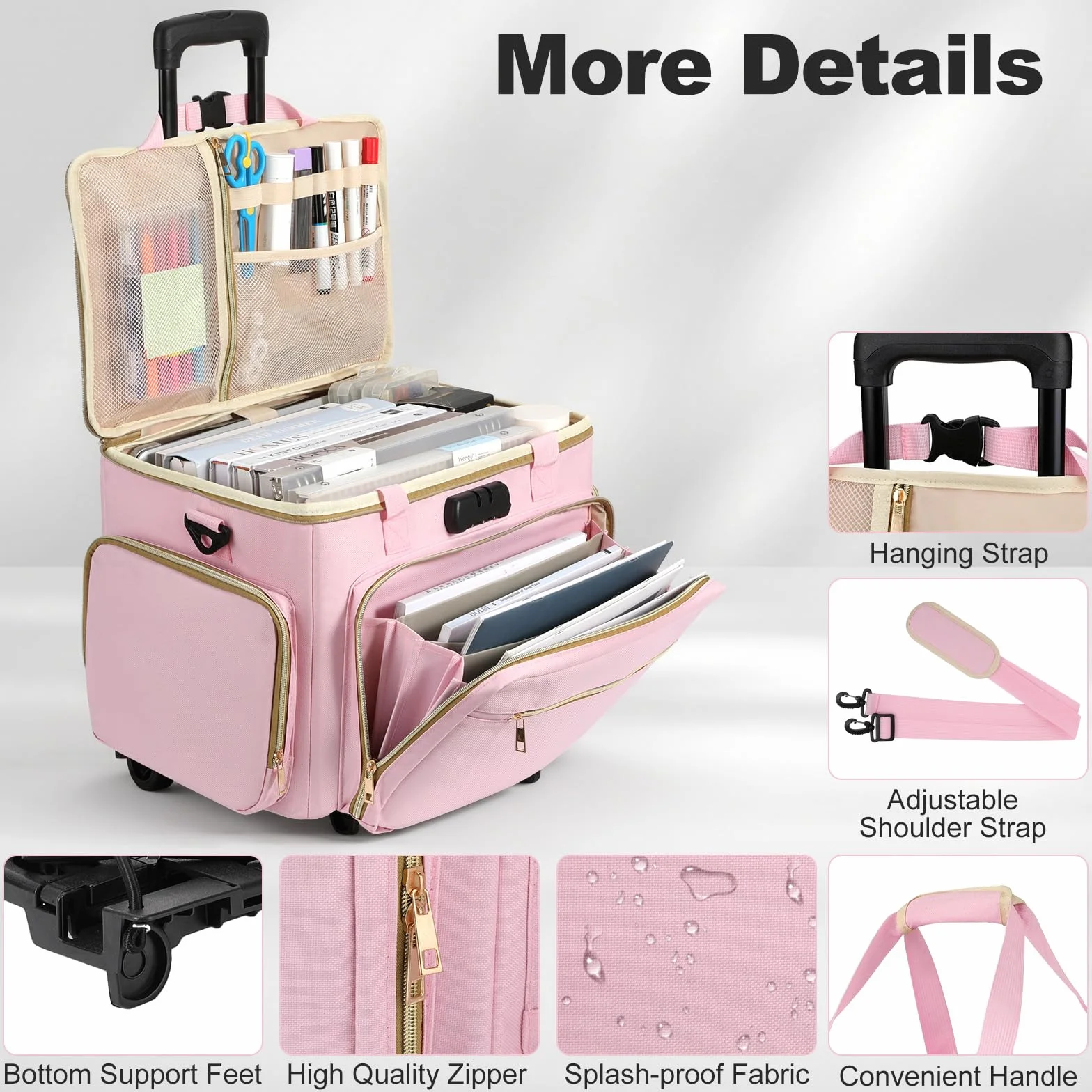 Housolution Borsa Insegnante con Ruotata, Borsa Tote con Trolley Staccabile, Valigetta Lavoro con Ruote per Laptop, Carrello Portadocument Organizer a Fisarmonica, Adatta per Laptop da con 15,6", Rosa