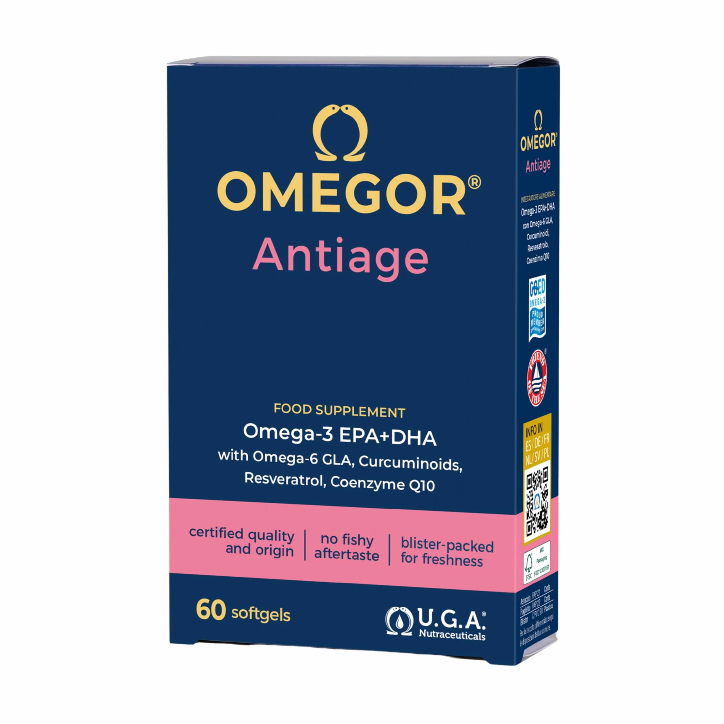 OMEGOR Antiage Integratore Pelle Antiossidante con Omega 3 e 6, Coenzima Q10, Resveratrolo, Alfa Lipoico e Curcuma (60 Capsule)