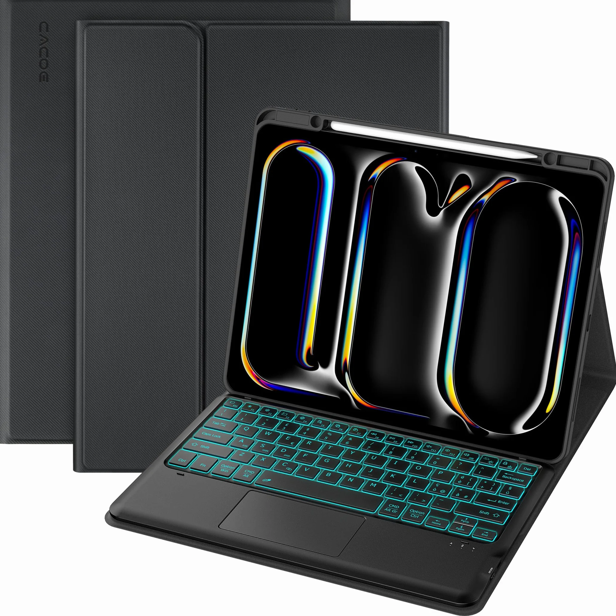 CACOE Cover con Tastiera Compatibile con iPad Pro 13 Pollici M5/M4 2025/2024 con Touchpad, Custodia con Portapenne QWERTY Wireless Staccabile con Illuminata a 7 Colori, Nero