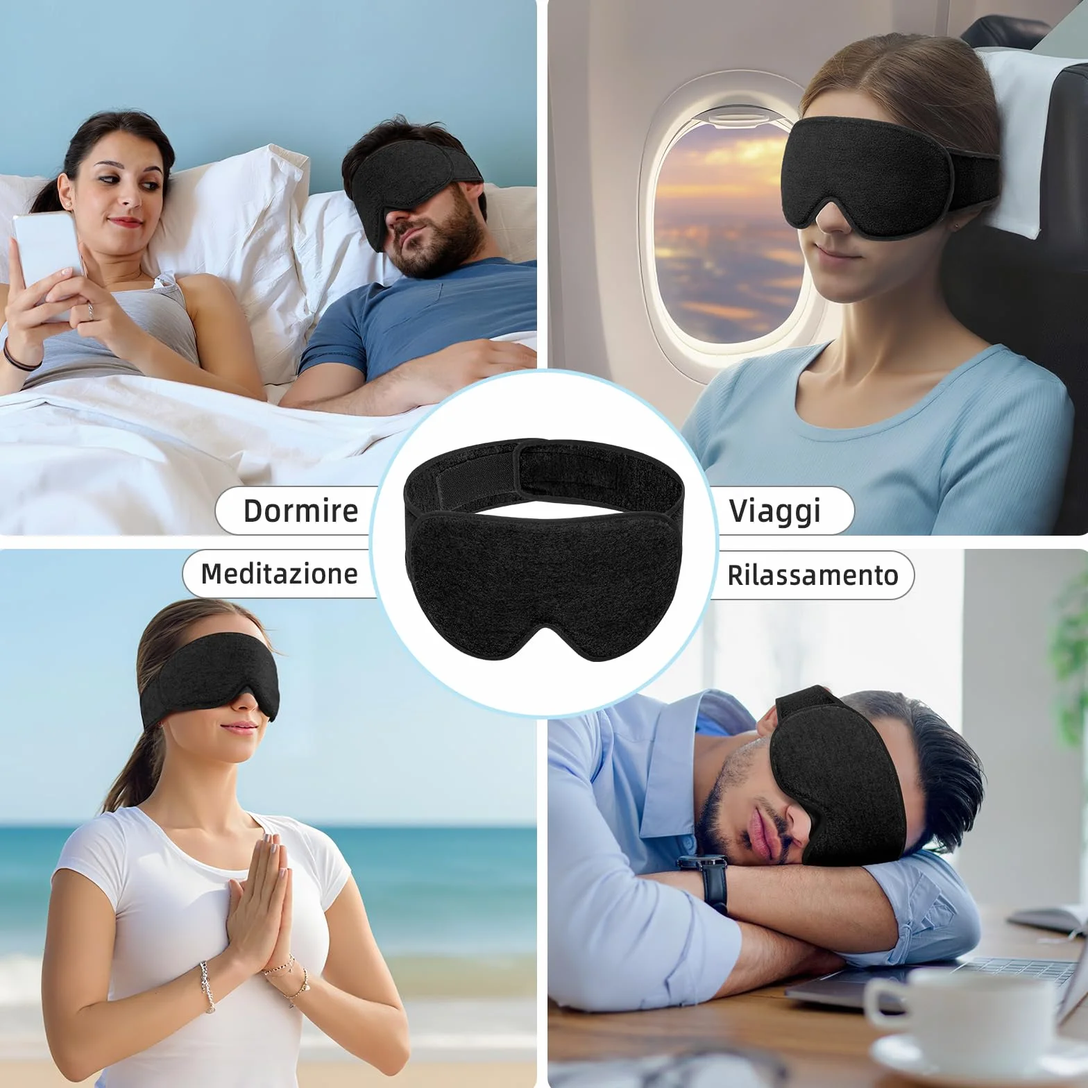 INNELO Mascherina per Dormire in Cotone 3D per Occhi, Protezione Orecchie, Ultra Morbida, Maschera Notte Uomo Donna, Nero