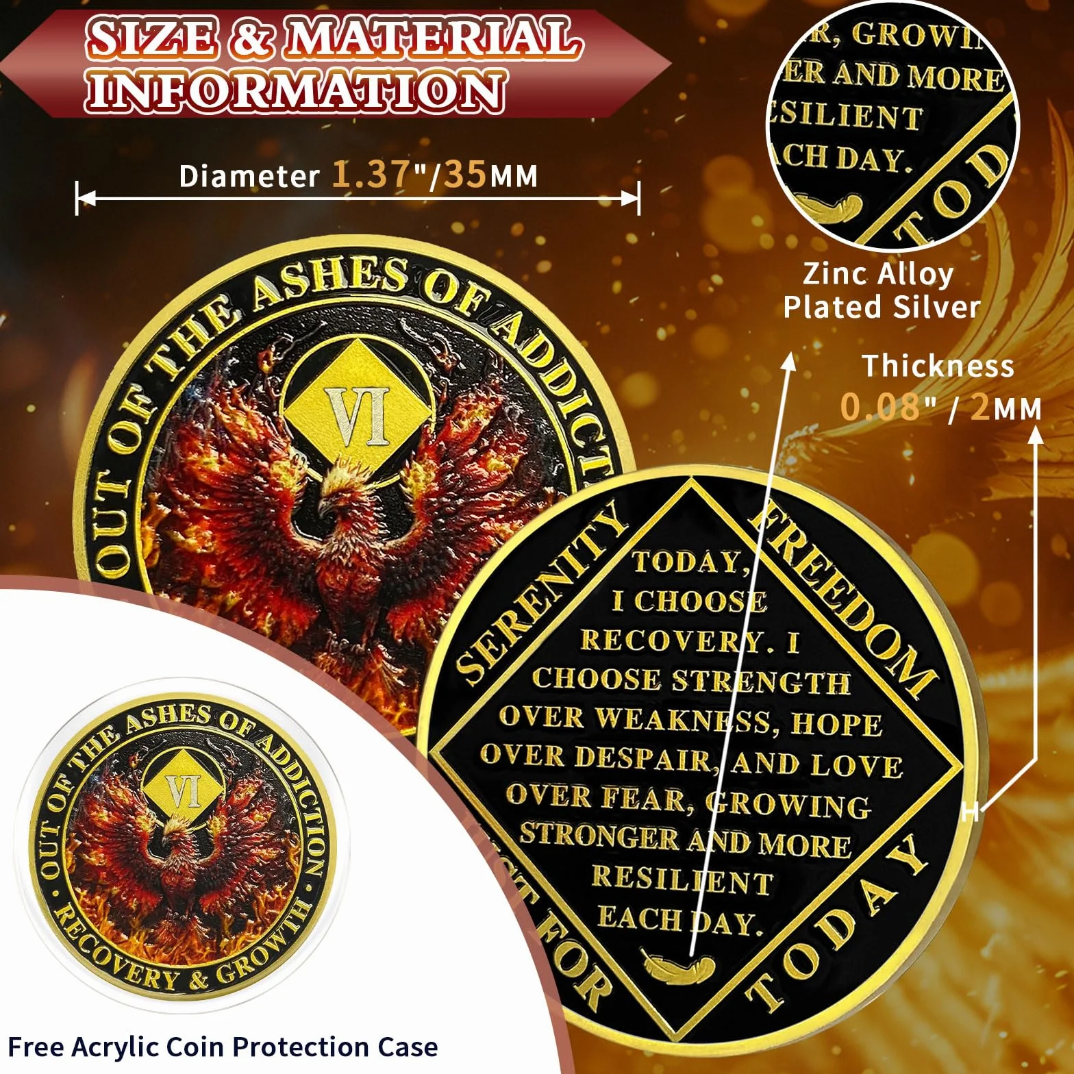 Phoenix 6 Anno Sobriety Coin Flame Cinque Anni Chip NA Medaglione Anonimo AA Recupero Gettone Anniversario Regali
