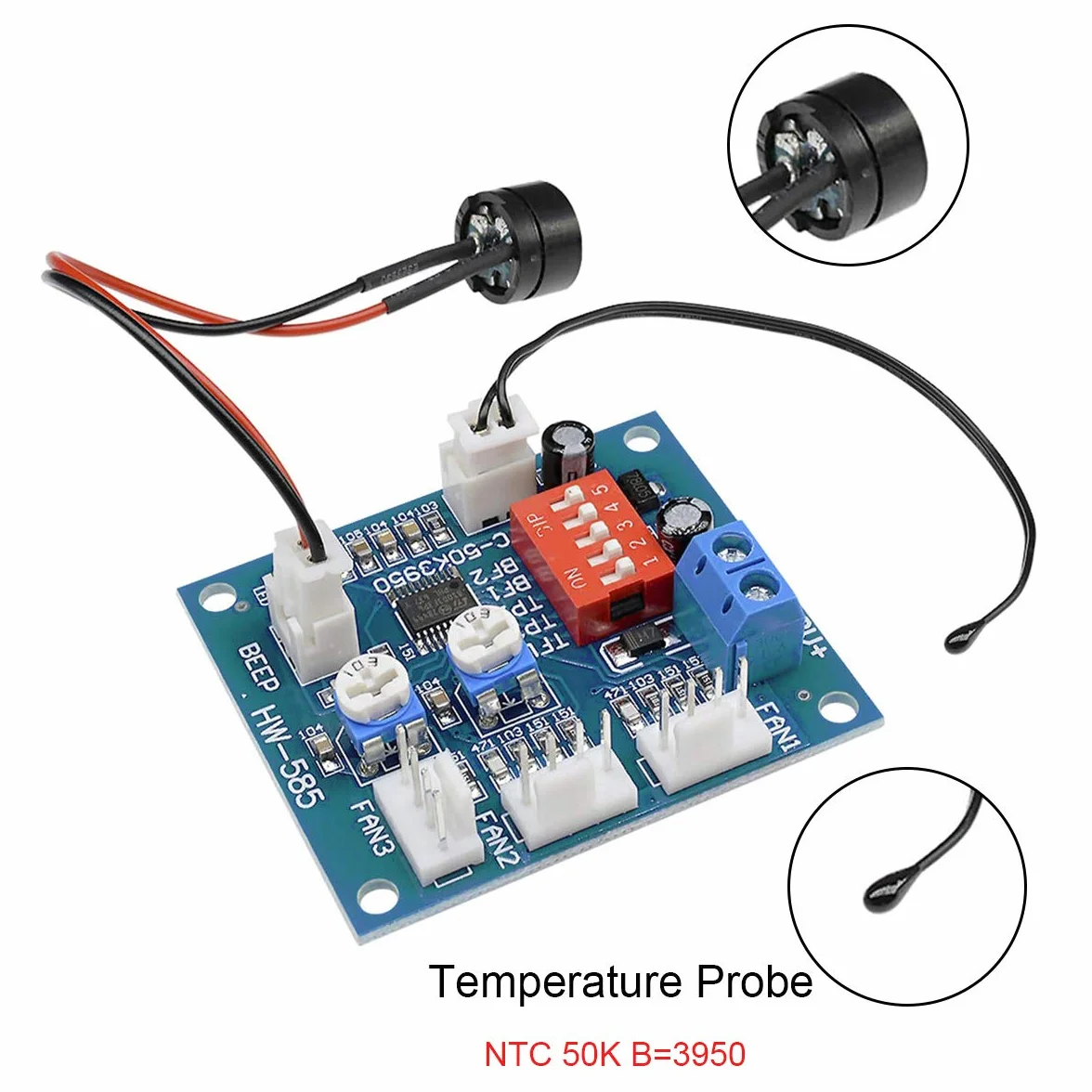 Modulo regolatore ventola PC Termostato PWM 4 fili 3 canali DC 12V NTC Sensore termico Allarme cicalino