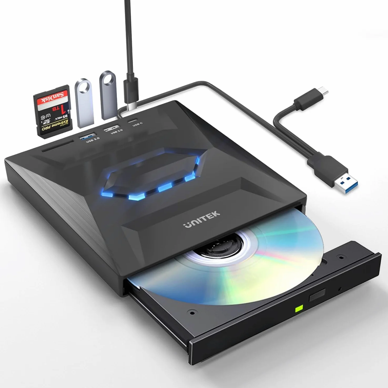UNITEK Masterizzatore esterno USB 3.0&Type C Unità CD/DVD esterna -/+RW con slot per scheda SD per PC Laptop, Desktop, Portatile, Macbook Pro/Air per Windows 11/10/8.1/7/XP/Vista/Linux/MacOS