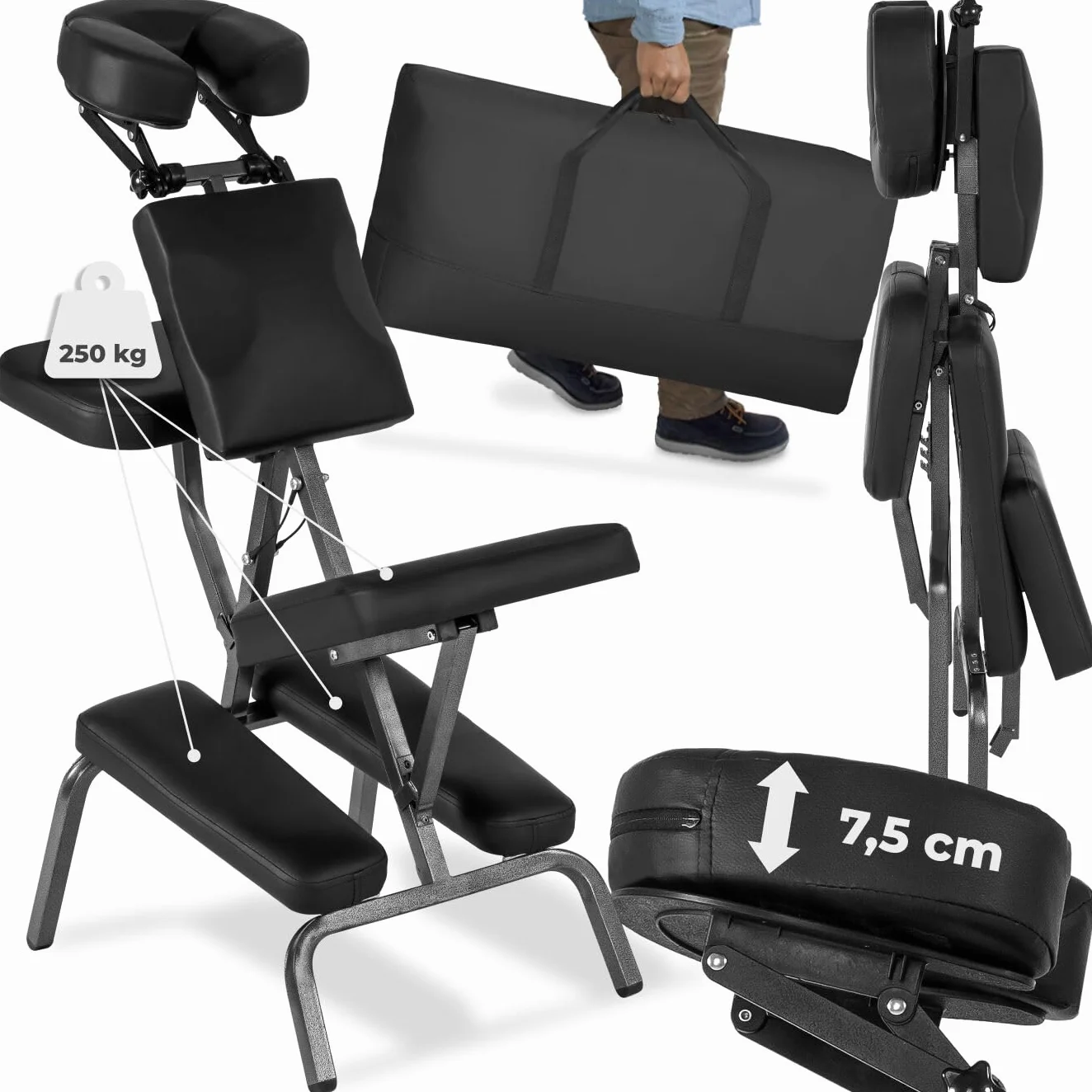 tectake Sedia da Massaggi Portatile, Poltrona Fisioterapia 80x50x105 cm - Nero