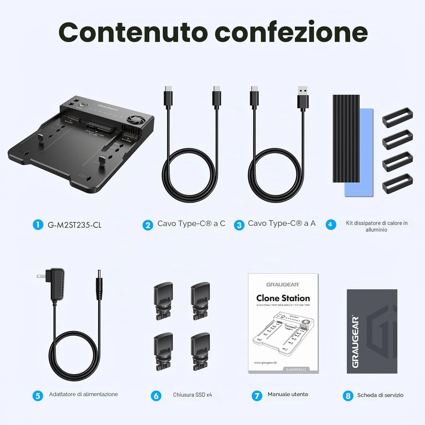 GRAUGEAR Stazione di Clonazione Bidirezionale HDD SATA 2,5/3,5 SSD M.2 SATA NVMe Docking Station USB 3.2 Gen 2 10 Gbit/s USB-C