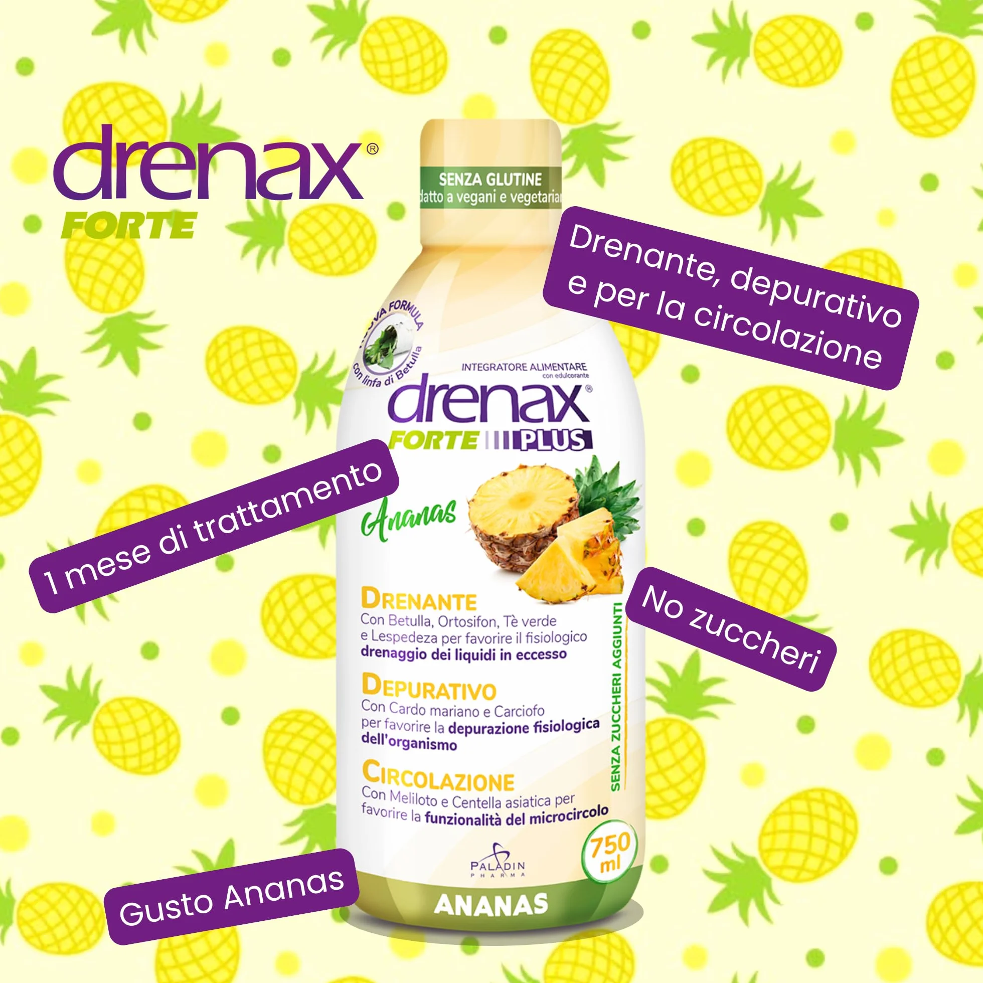 Drenax Forte Plus Ananas 750 ml Integratore Drenante Depurativo Betulla Ortosifon Lespedeza Cardo Mariano Carciofo Senza Zuccheri Aggiunti
