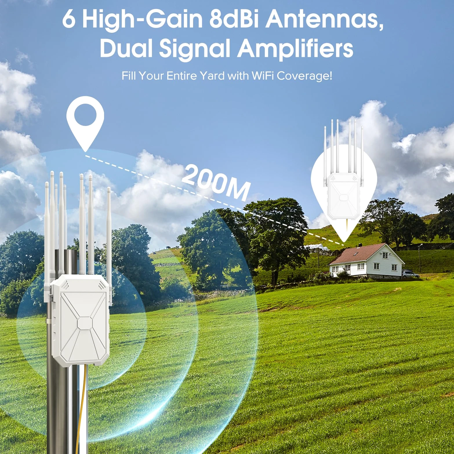AX1800 Ripetitore WiFi Potente Esterno, 5GHz e 2,4GHz Amplificatore Wifi Con 6 Antenne, WiFi Extender, Resistente Agli Agenti Atmosferici IP67, with PoE, Porta Gigabit Ethernet, Per Cortile