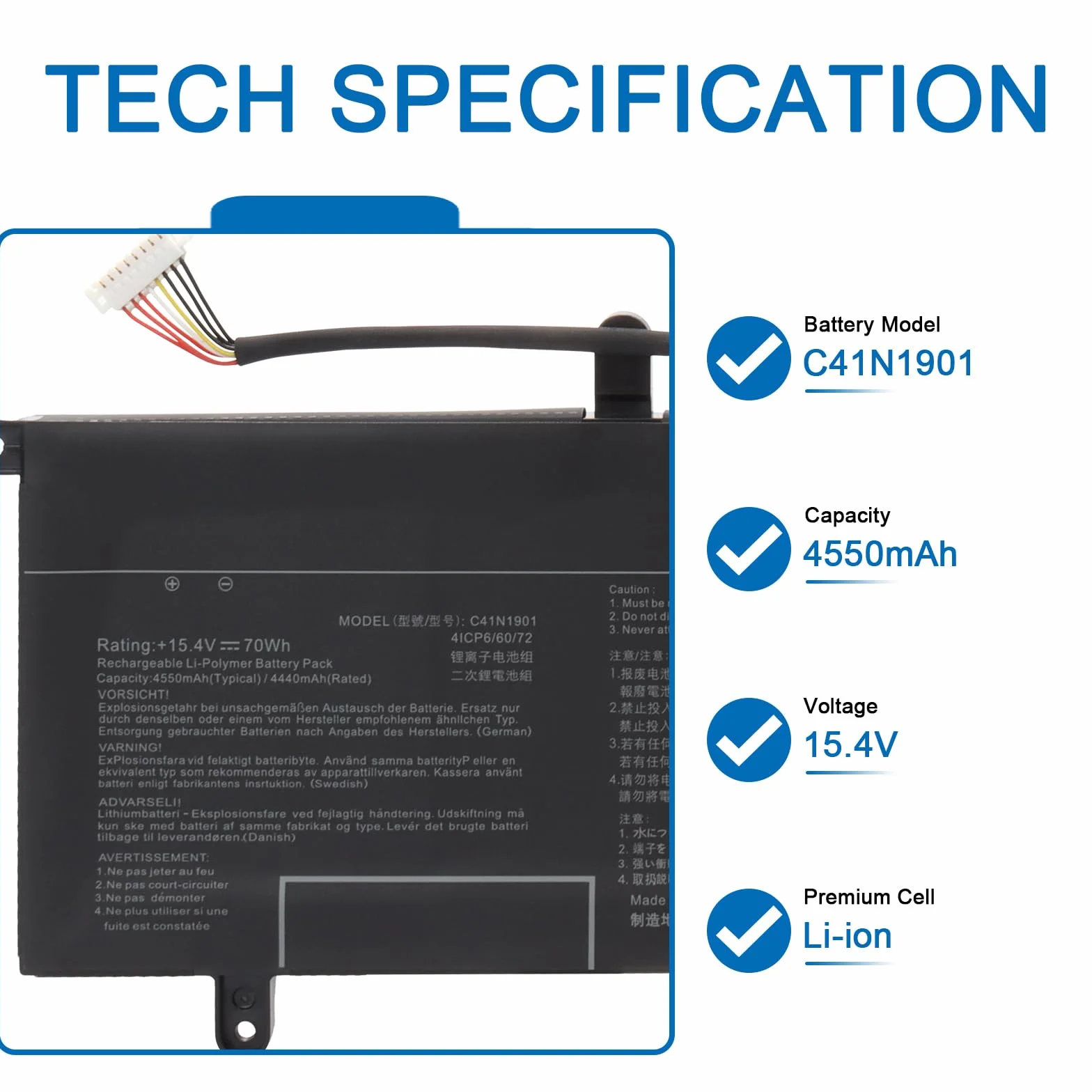 C41N1901 Laptop Batteria per Asus ZenBook Duo UX481 UX481F UX481FL UX481FA UX481FLY UX481FAY UX481FL-BM040T UX481FL-BP1505T UX4000F UX4000FL UX481FA-BM021R UX481FA-DB71T BM049T 70Wh