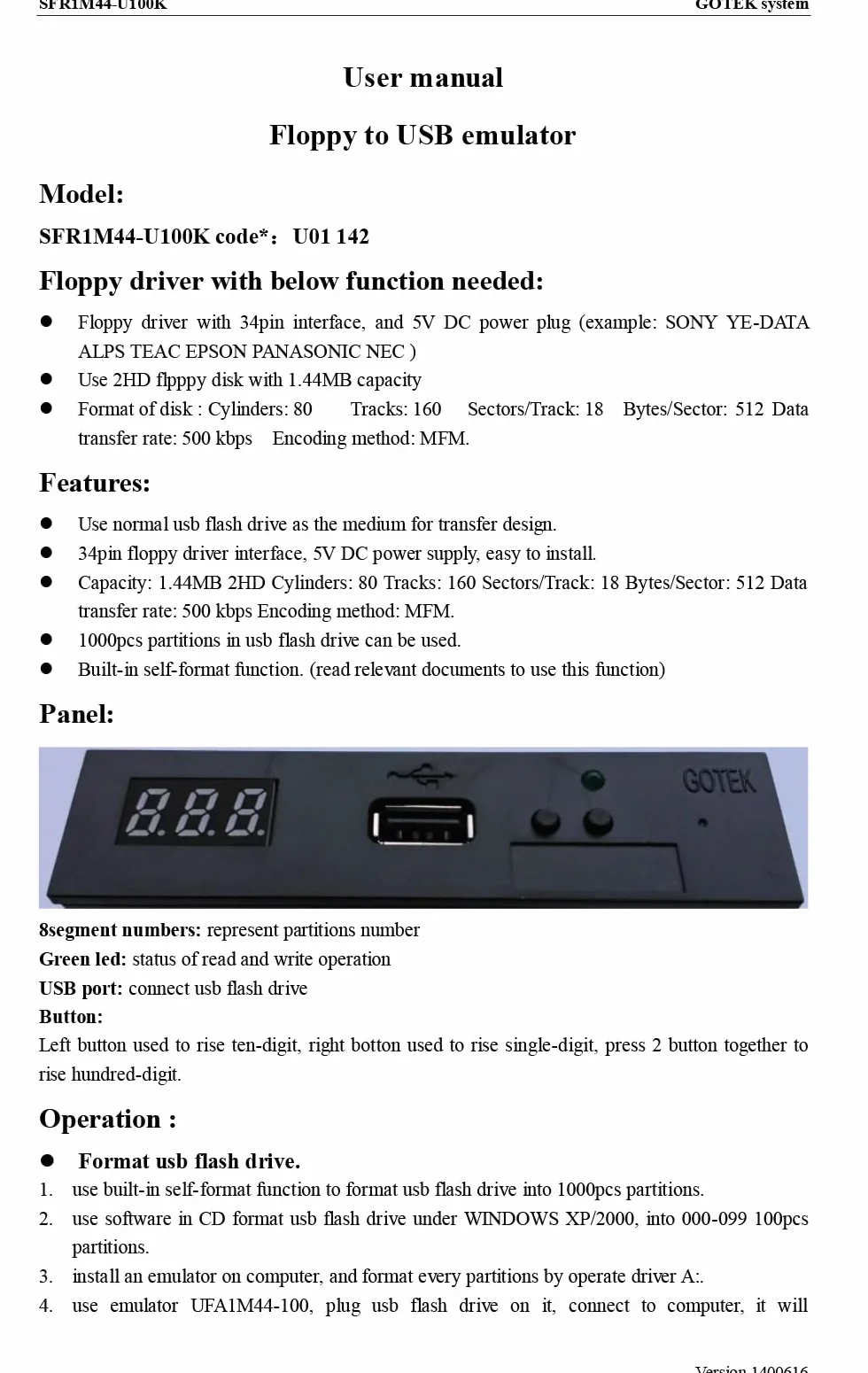 GoTEK SFR1M44-U100 Emulatore floppy drive SSD USB da 3,5 pollici 1,44 MB nero