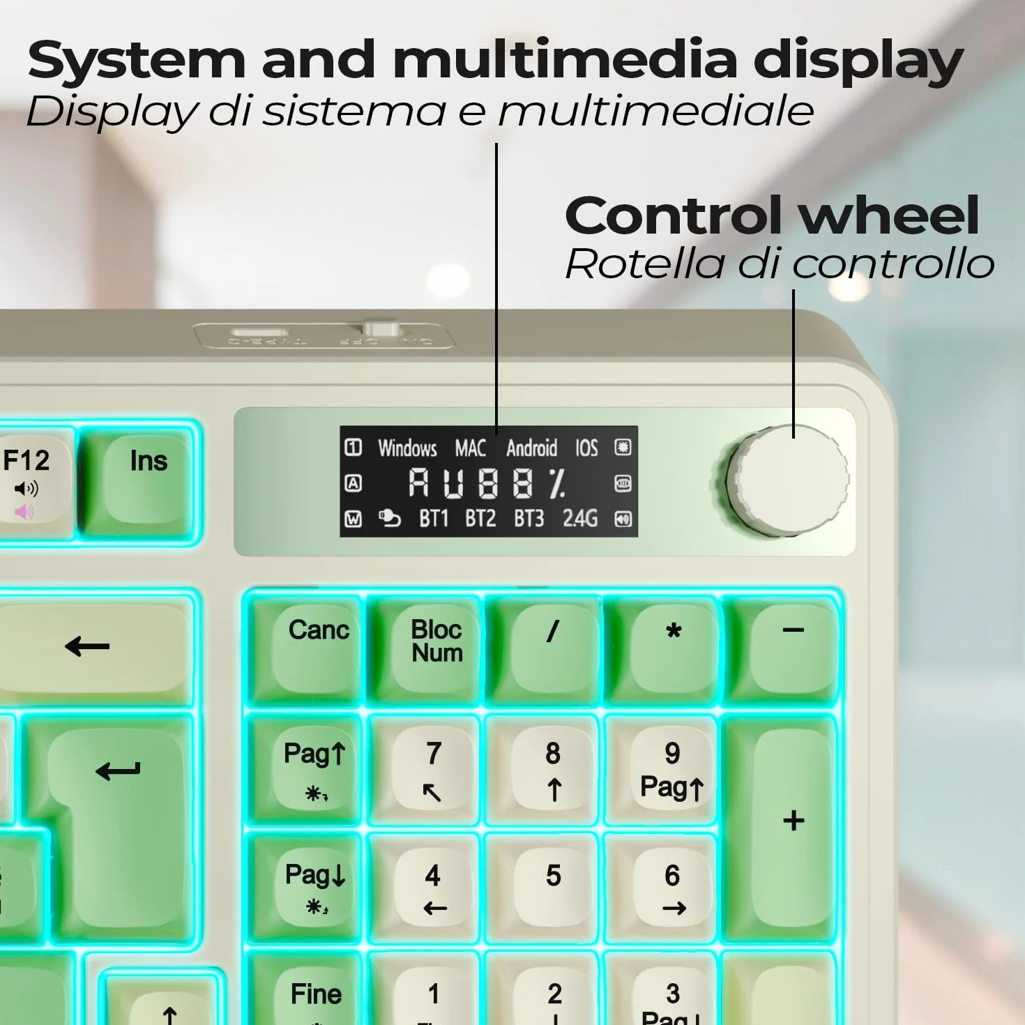 Tastiera Senza Fili Ricaricabile NEWWAY NK251 Layout Italiano QWERTY Tripla Modalità WiFi 2.4 GHz Bluetooth USB-C Display LCD Rotella Multifunzione Retroilluminazione RGB