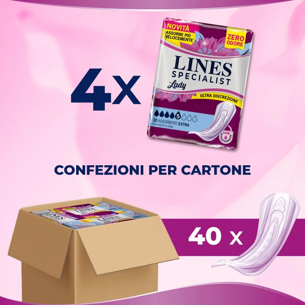Lines Specialist Lady Extra Assorbenti Incontinenza Donna Zero Odore Barriere Laterali Protettive 4x10 Unità