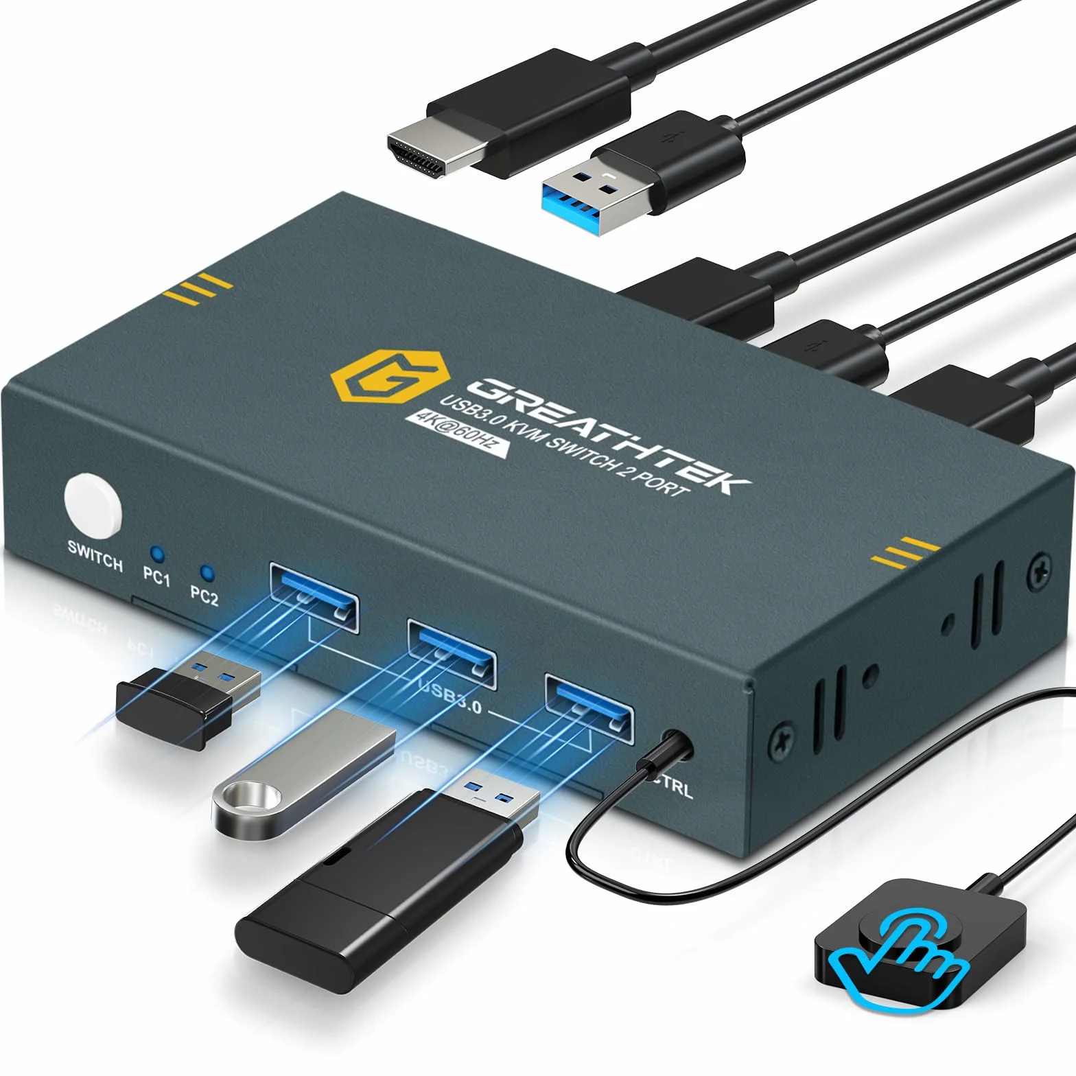 Interruttore KVM USB 3.0 HDMI 2 Porta 4K@60Hz, Interruttore KVM per 2 PC 1 - Monitor Con 3 porte USB3.0, HDMI2.0, HDCP2.2, supporto funzione EDID, inclusi 2 cavi USB 3.0