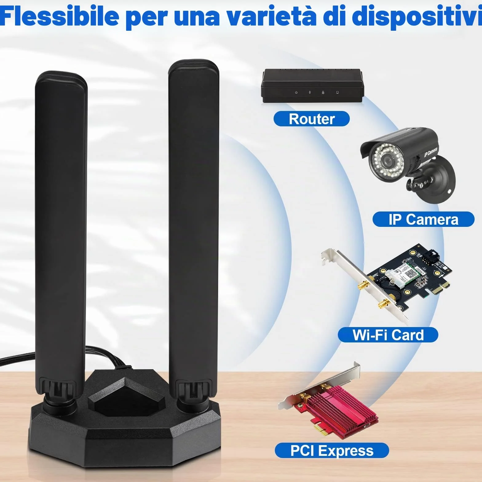 Eightwood Antenna WiFi 6e Tri-band 2,4 GHz/5GHz/6GH Alto Guadagno con Base Magnetica e Supporto a Tre Bande con Cavo di Estensione da 2 Metri antenna wifi per pc