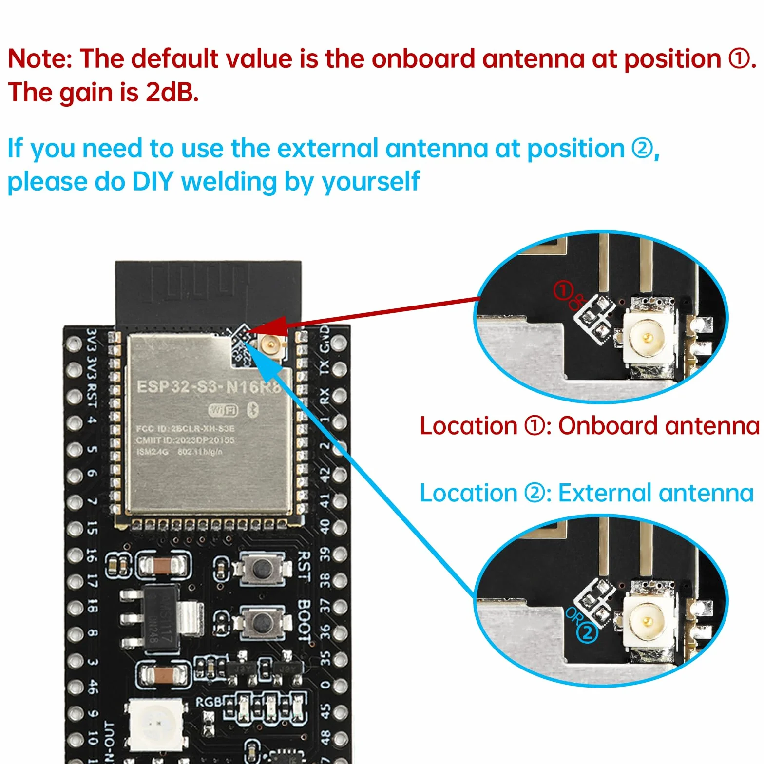 diymore 2 pezzi per modulo ESP32-S3 DevKitC-1 N16R8, per ESP32 S3 1-N16R8 con WiFi, Bluetooth 5.0, USB C antenna collegabile