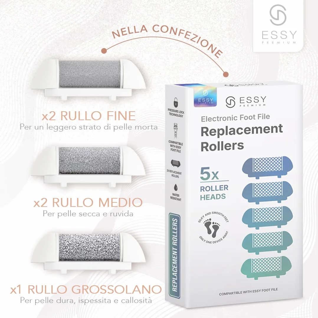 Essy Rulli Ricariche Per Piedi Set Di 5 – Trame Fine, Media e Grossolana – Rimozione Pelle Dura Esfoliazione Cura Dei Piedi (Bianco)