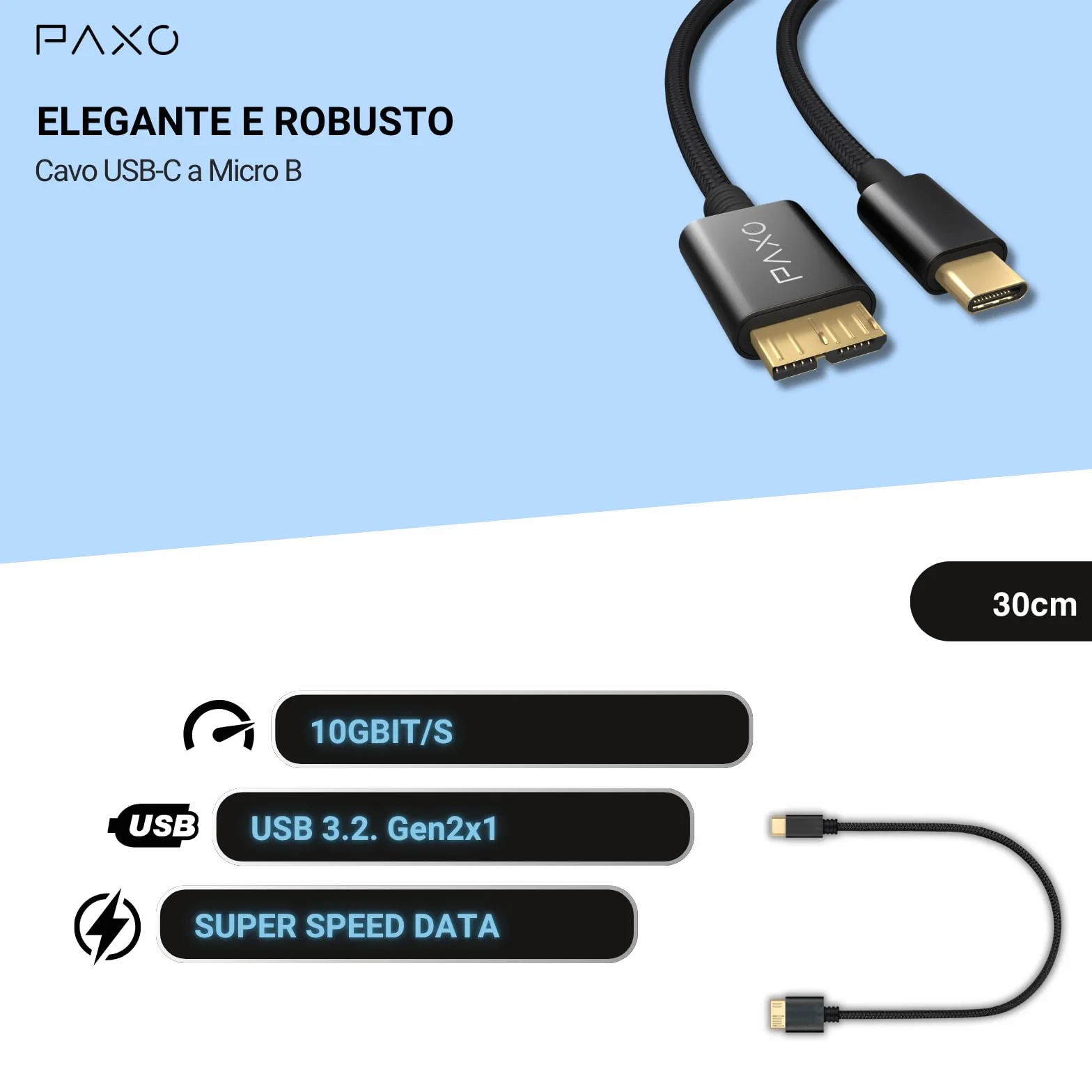 PAXO Cavo hard disk da 0,3 m, 10 Gbit/s, USB C-MICRO USB3.2 Gen2, cavo USB, cavo dati, cavo di ricarica, nero, da USB C maschio a Micro B maschio