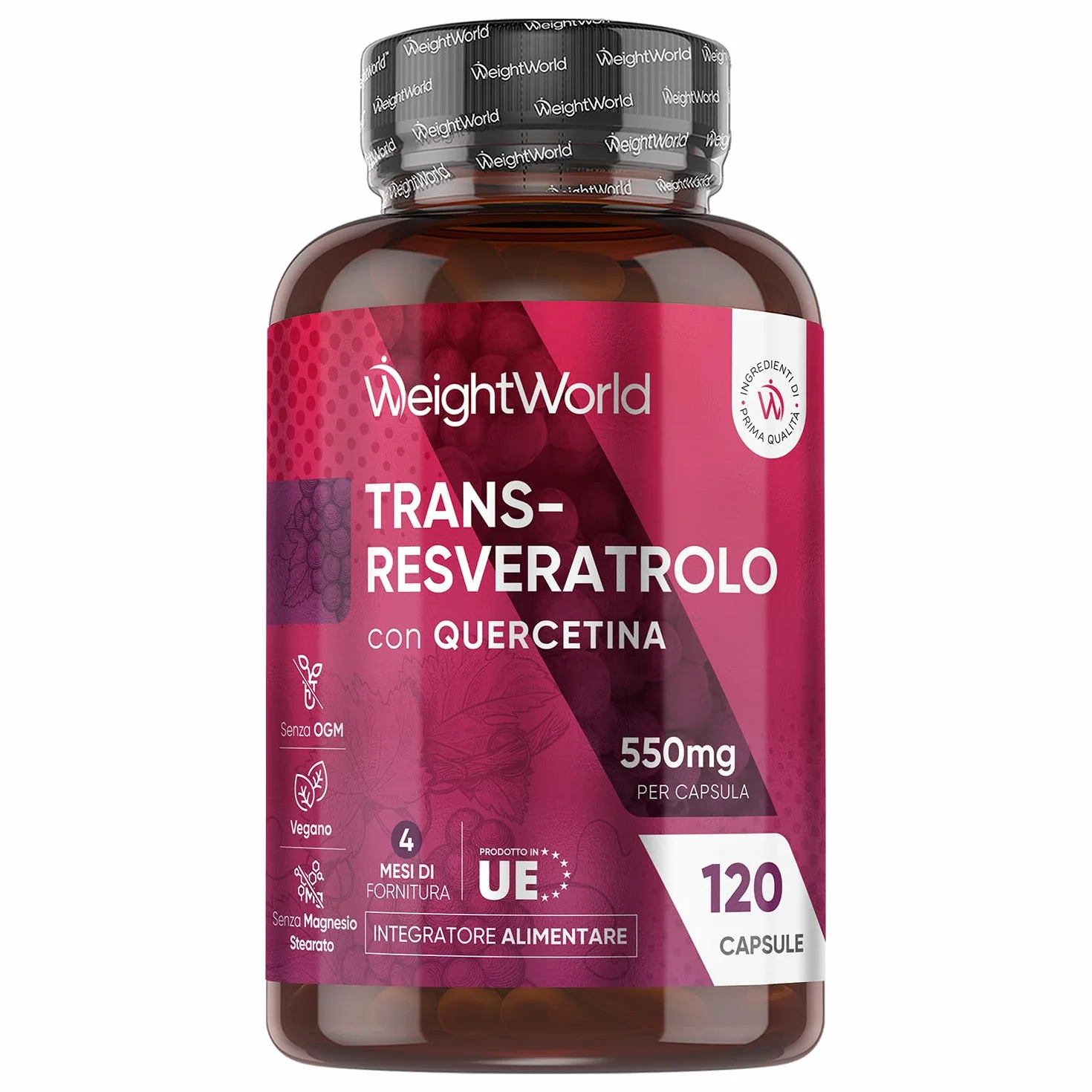 Resveratrolo con Quercetina, 120 Capsule Vegane, 550mg Trans Resveratrolo 98%