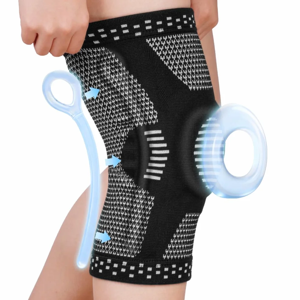 Tutore Ginocchio Ortopedico con Stabilizzatori Laterali e Patella Gel Pad, Compressione Antiscivolo per Corsa, Lesioni Menisco, Artrite