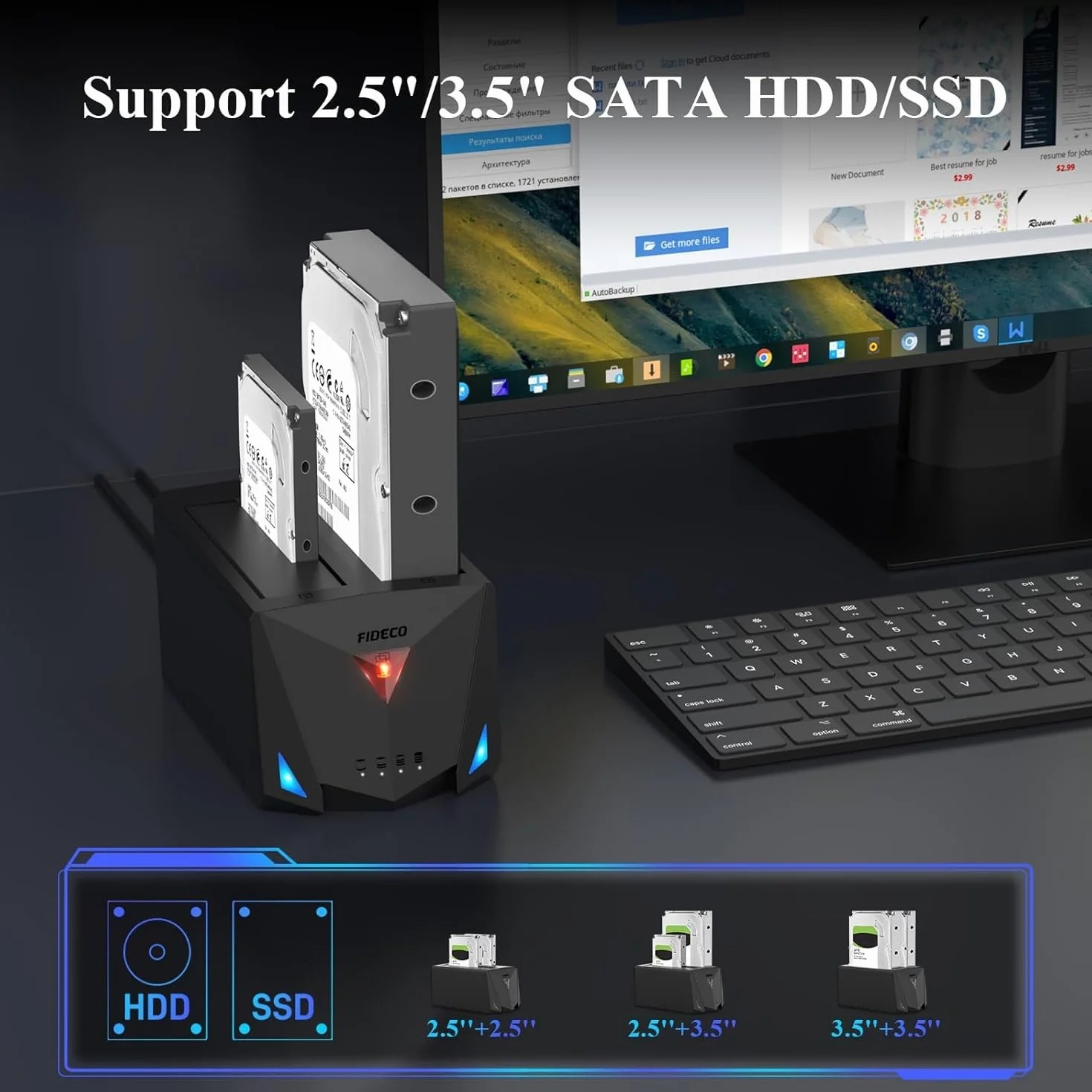 FIDECO Docking Station per Disco Rigido USB 3.2 Gen 1 SATA HDD SSD 2,5" 3,5" Cavo USB A C Clonazione Offline