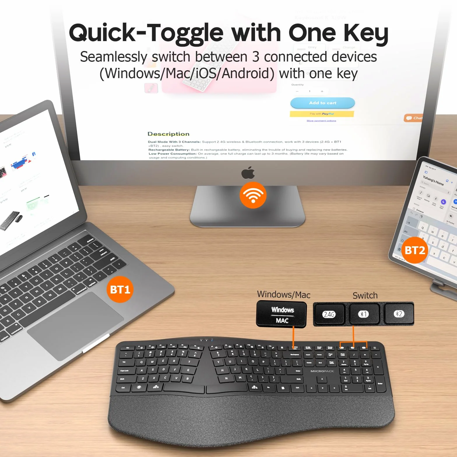 MicroPack Tastiera Ergonomica Wireless con Bluetooth, USB-C Ricaricabile e Protezione da Sovraccarico, Poggiapolsi, Connettività a 3 dispositivi, Interruttore a Forbice Silenzioso, Inclinazione