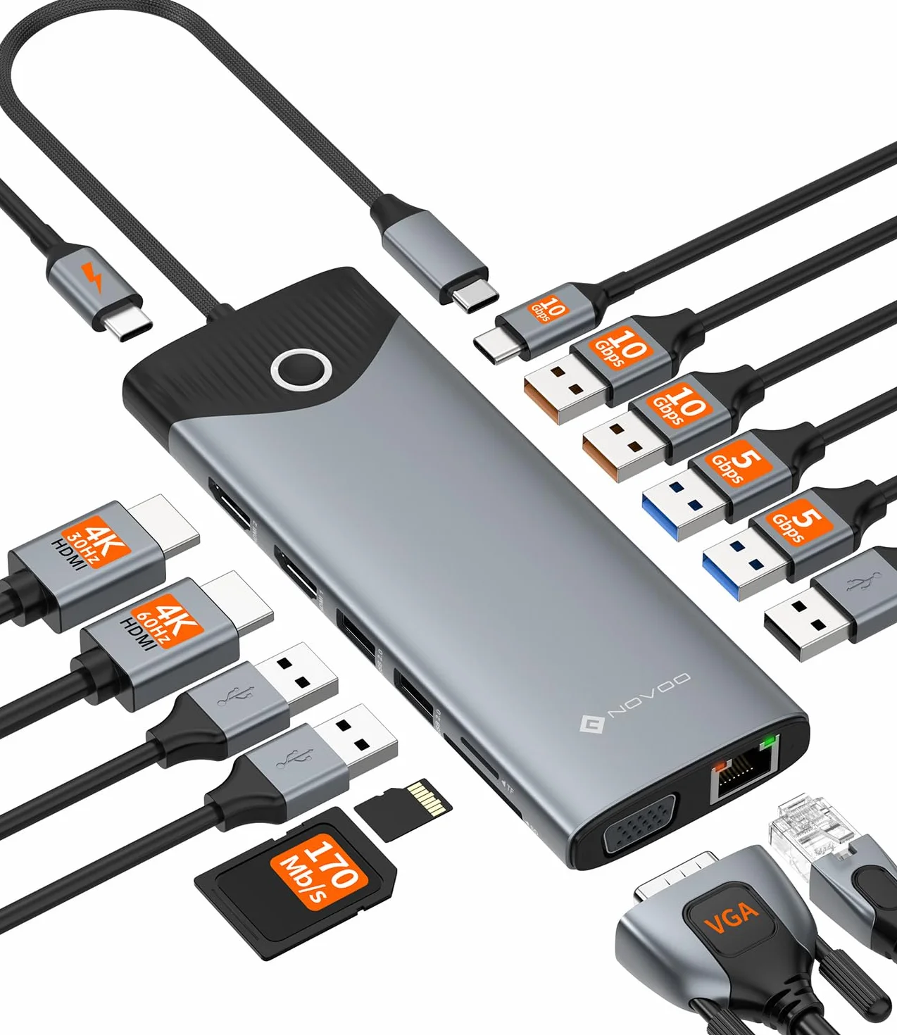 NOVOO Docking Station 15 in 1, Hub USB C - Pulsante On/Off Schermo Esterno, 2 HDMI 4K@60Hz, USB-C/A 10Gbps, VGA, Lettore SD/TF, Ethernet RJ45, PD 100W, Compatibile con MacBook, iPad, Lenovo, Dell