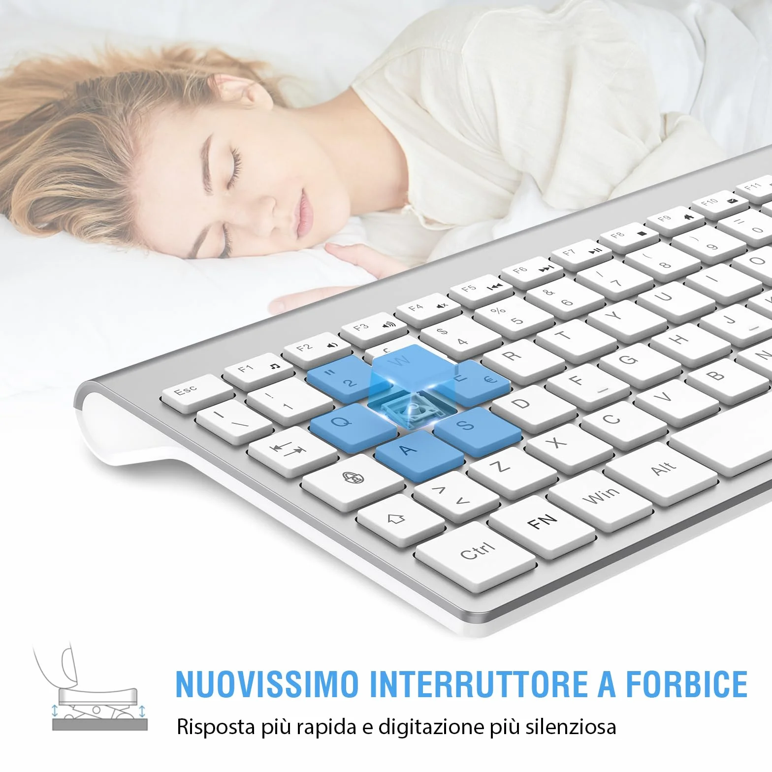 cimetech Tastiera e Mouse Wireless, Layout Italiano QWERTY, Tastiera Ultra-Sottile ‎Ergonomico Full-Size 2.4Ghz Wireless Mouse Tastiera Numerico con Ricevitore Nano per PC/Laptop/Win7/8/10（Argento）