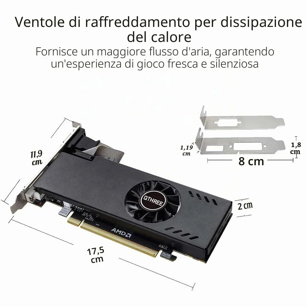 QTHREE Radeon RX 550 Low Profile Scheda Video, 4GB GDDR5 128-bit, DVI-D, HDMI, VGA, PCI Express x8, Gaming Scheda Grafica, DirectX 12, Computer GPU