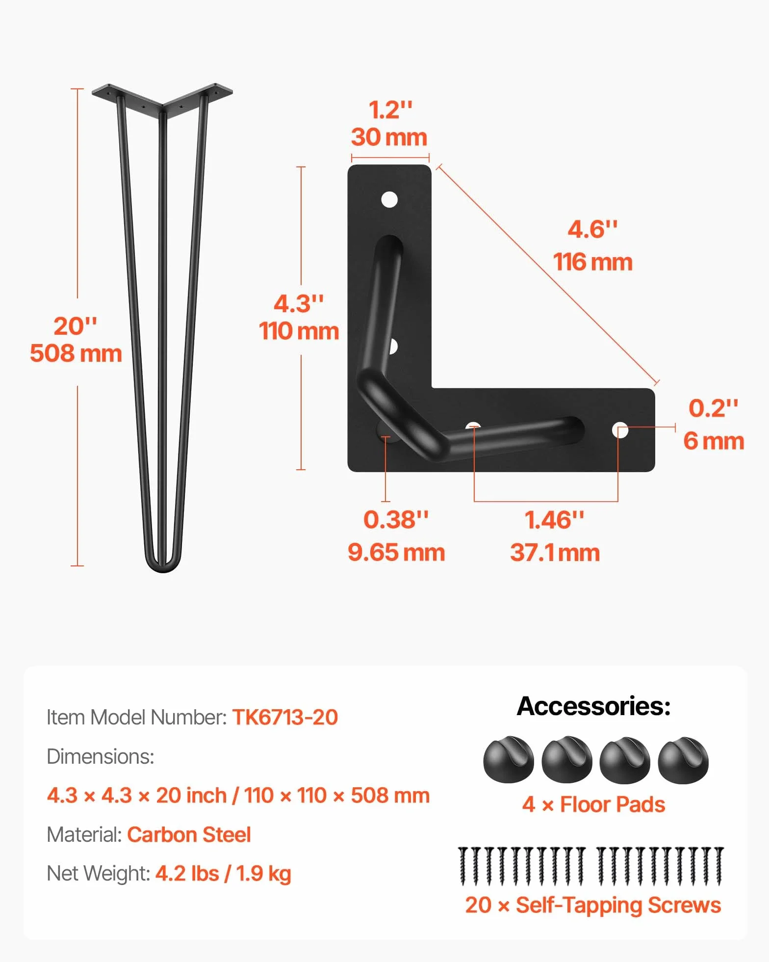 Happybuy 4 Pezzi Gambe da Tavolo in Ferro 20 Pollici per Scrivania Impieghi Gravosi