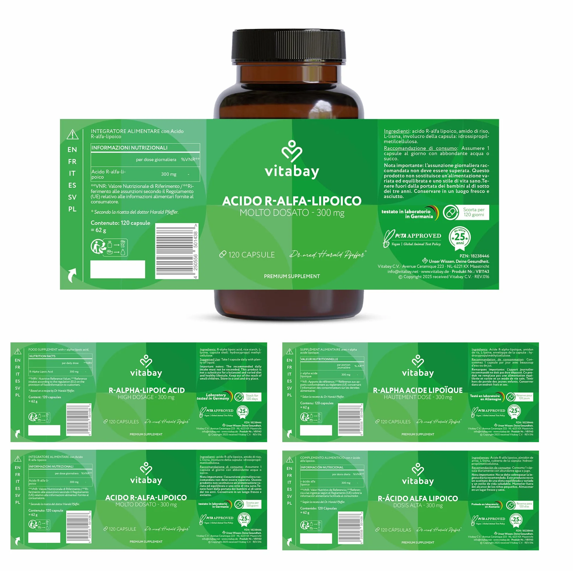 Vitabay Acido R-Alfa Lipoico 300 mg 120 capsule vegane Alpha Lipoic Acid ad alto dosaggio forma R naturale
