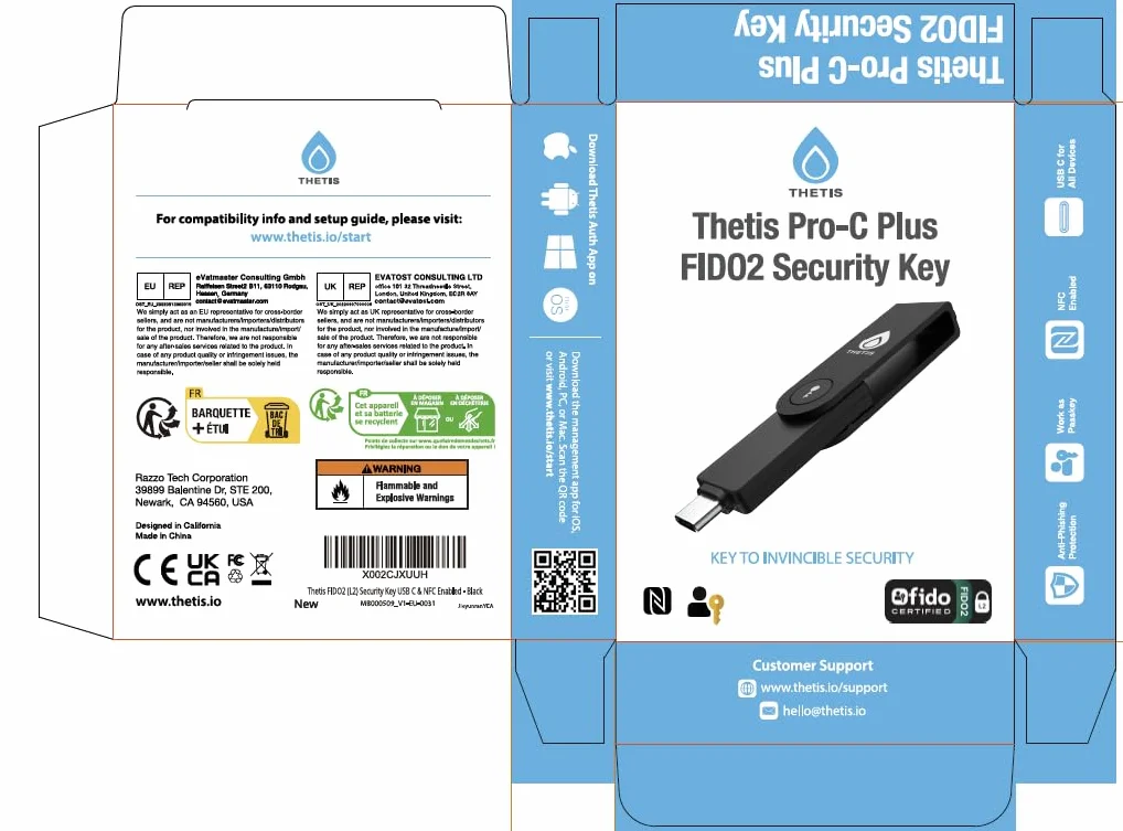 Thetis Pro-C FIDO2 (L2) Chiave di Sicurezza Passkey con USB C & NFC, Autenticatore TOTP/HOTP APP, Autenticazione a Due Fattori FIDO 2.0 2FA MFA, Supporta Windows/macOS/Linux/Gmail/Facebook/Dropbox