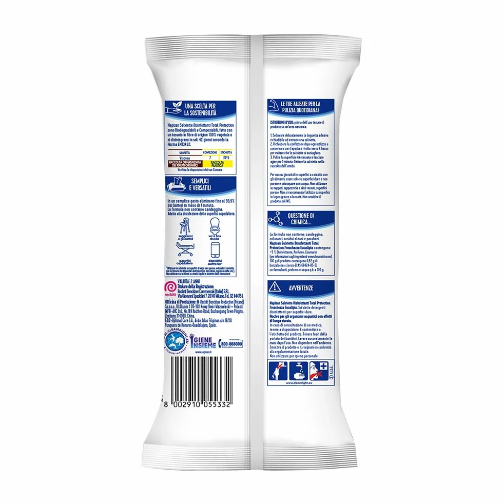 Napisan Salviette Disinfettanti Total Protection Freschezza Eucalipto 40 Salviette Biodegradabili Compostabili Multisuperfici