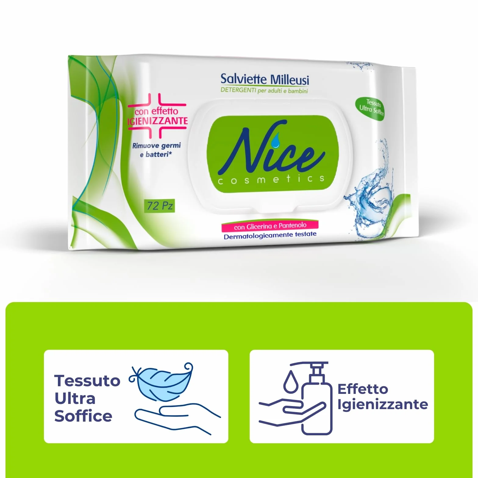 Nice Salviette Milleusi Igienizzanti con Glicerina e Pantenolo, 72 Salviette Umidificate