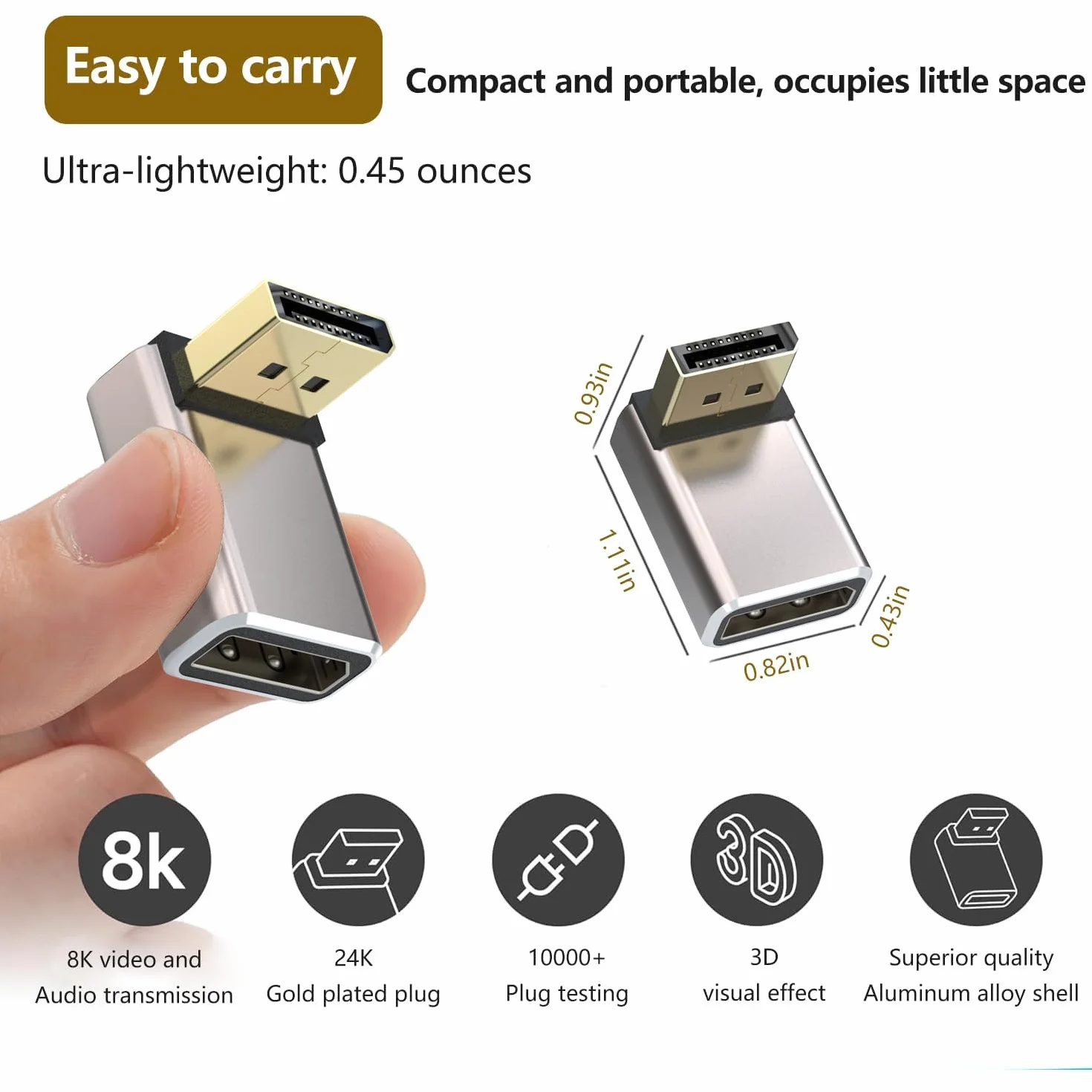 HLLYLL Set di 2 adattatori DisplayPort – 8 K @ 60 Hz UHD HDR DisplayPort 90 gradi ad angolo (maschio a femmina) – DP Extender prolunga alloggiamento in alluminio convertitore per monitor