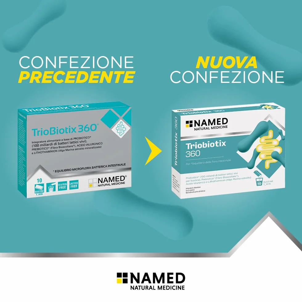 NAMED Triobiotix 360 Integratore Alimentare Probiotico Prebiotico Acido Ialuronico Lithothamnion Calcio Fermenti Lattici Adulti Flora Intestinale 10 Bustine