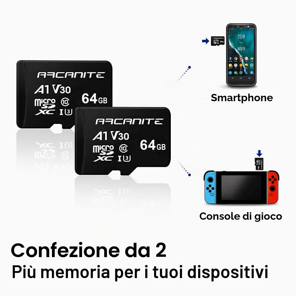 ARCANITE, set da 2 schede di memoria microSDXC 64 GB, UHS-I U3, A1, V30, 4K, C10, MicroSD, Velocità di lettura fino a 90 MB/s