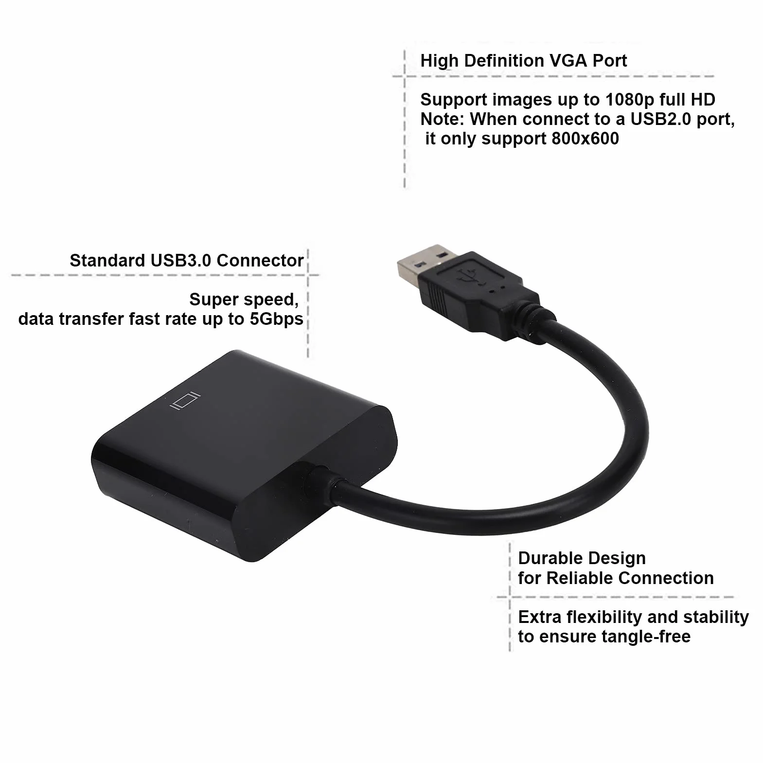 Qiilu Convertitore USB 3.0 Maschio a VGA Femmina 15 Pin 1080p 60 Hz per PC Laptop Monitor Proiettore
