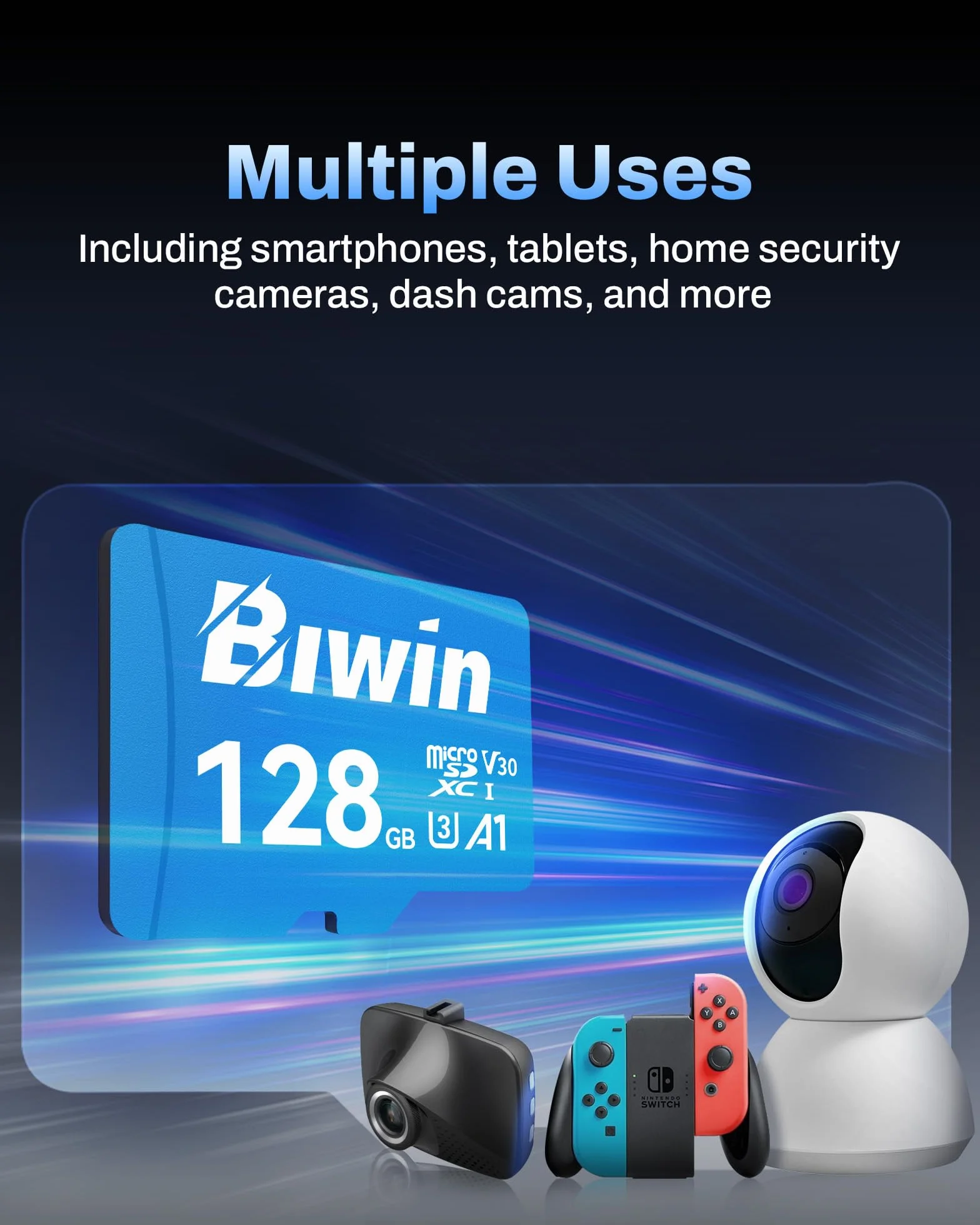Biwin Scheda di memoria MS100 MicroSDXC UHS-I 128 GB – Lettura fino a 160 MB/s – A1 V30 U3 4K UHD video per la registrazione video di smartphone/tablet/fotocamera digitale Canon Sony