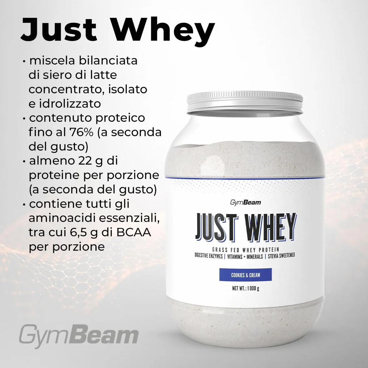 GymBeam Just Whey, Proteine in Polvere Multicomponente, 22,4g Proteine per Dose, 1000 g, Biscotti e Panna