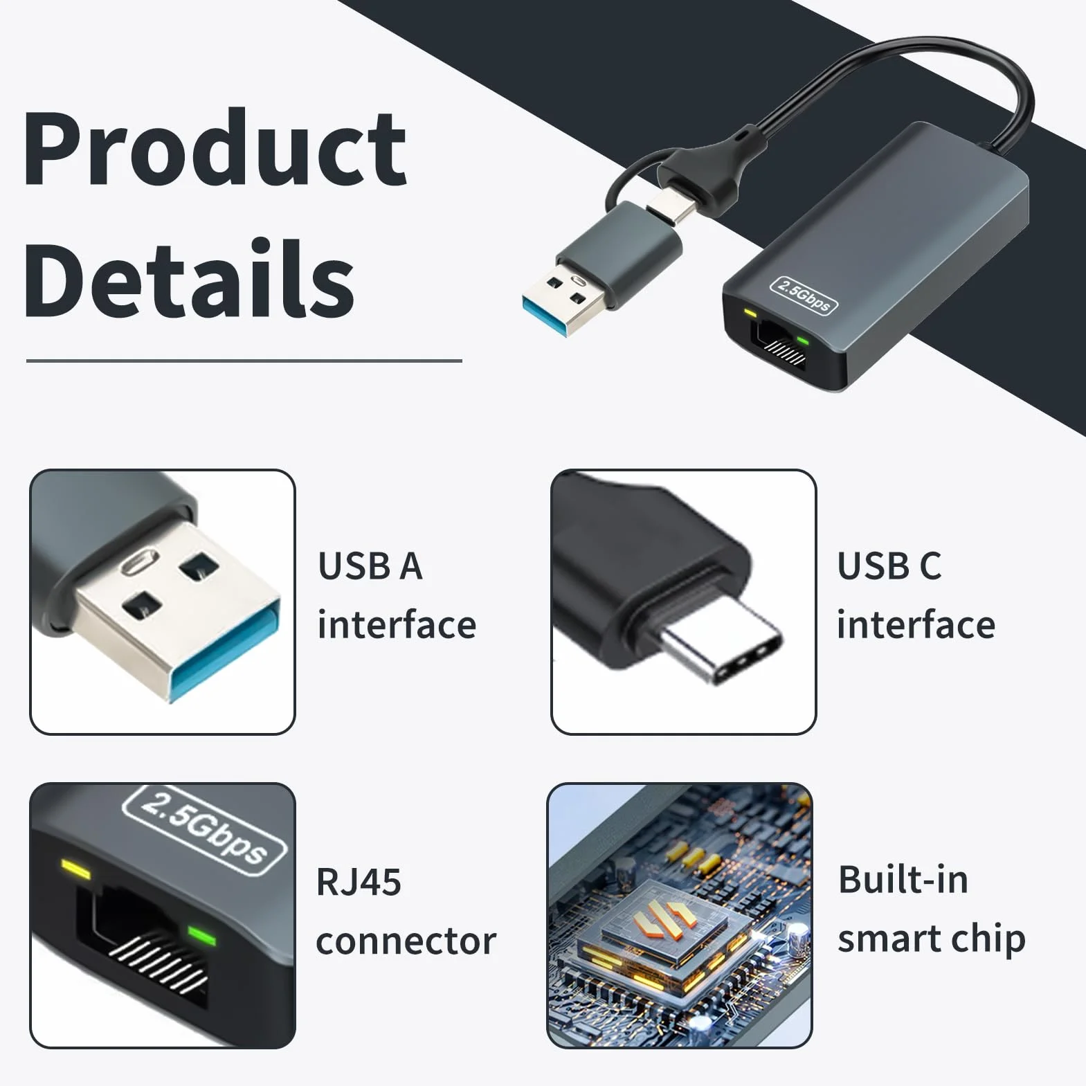 Adattatore USB Ethernet 2.5G, adattatore di rete USB-C e USB-A 2 in 1 a RJ45, Plug & Play, compatibile con Windows, macOS, Linux, iPad Pro, iPhone 15/16, Surface, XPS, connessione rapida e stabile