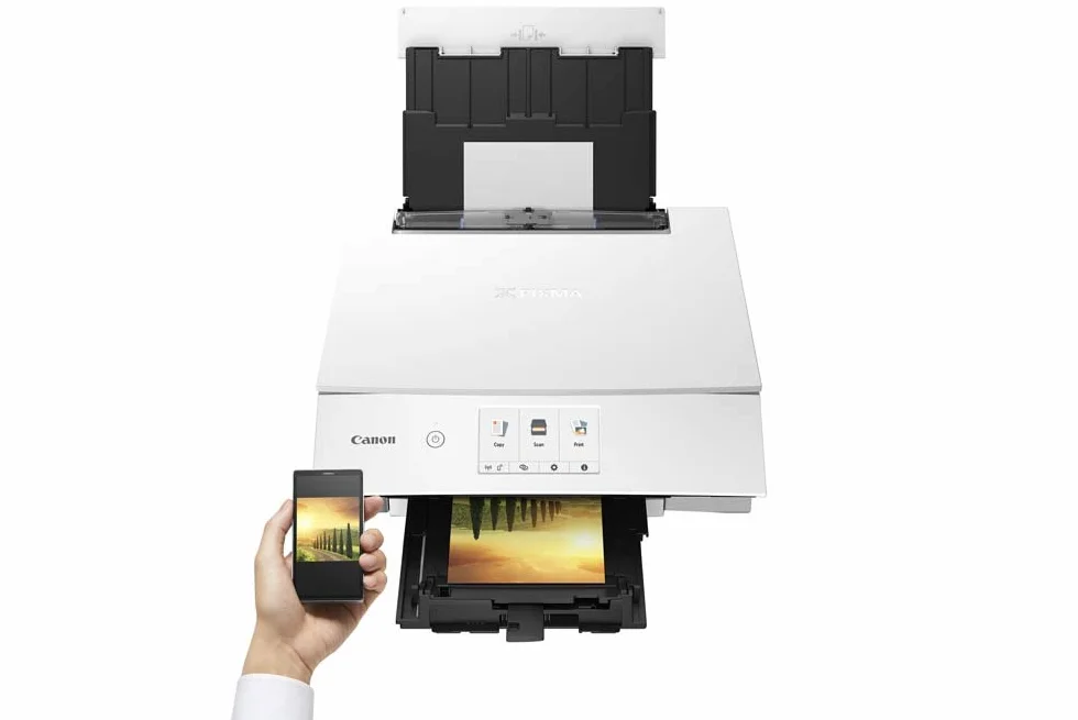 Canon PIXMA TS8351 multifunzione a getto d'inchiostro (stampa, scansione, copia, schermo touchscreen da 10,8 cm, WLAN, Wi-Fi, Print App, 4800 x 1200 Dpi). Colore: bianco.