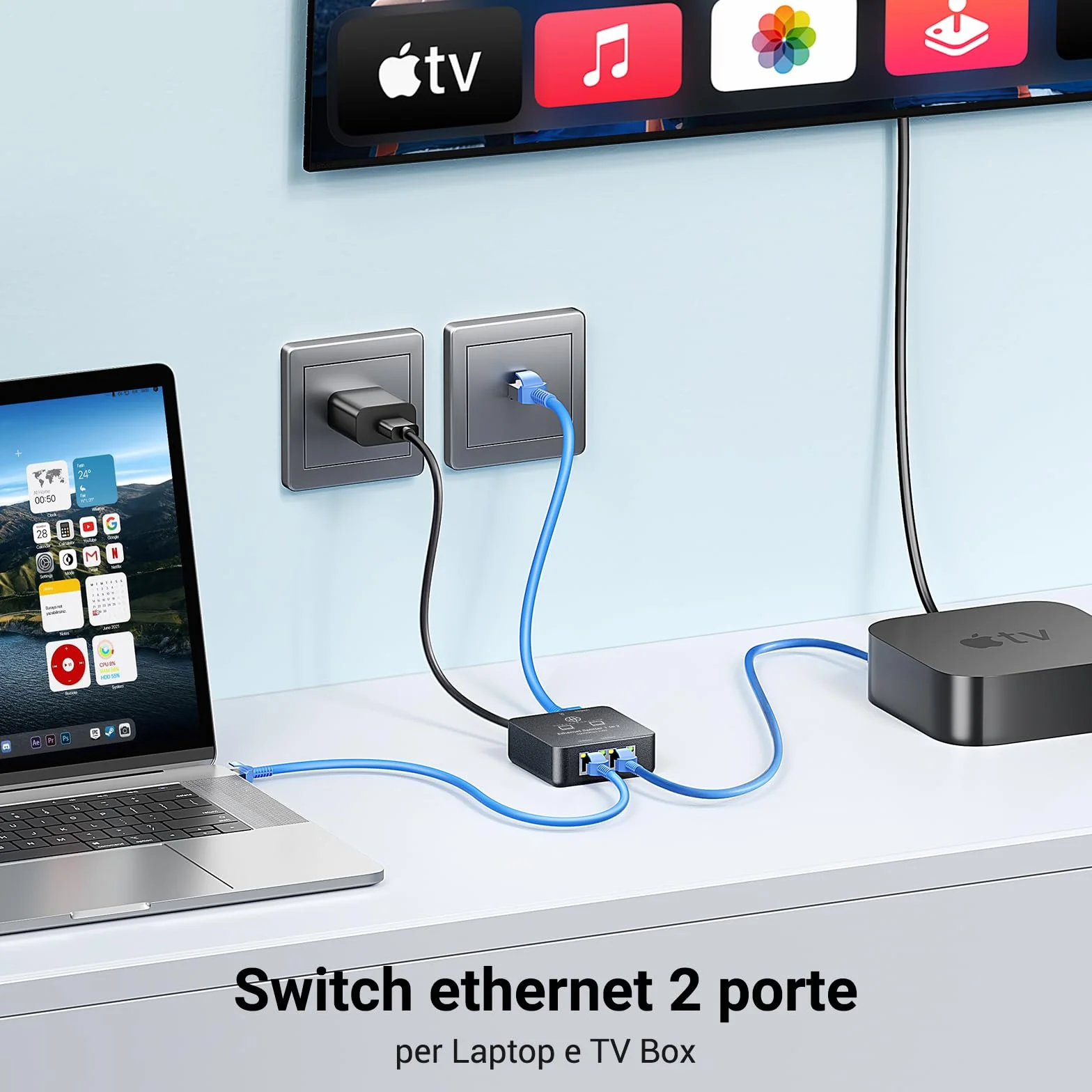 KiwiBird Switch ethernet 2 Porte, Splitter ethernet, 1000Mbps sdoppiatore Cavo LAN RJ45 gigabit, Mini Switch 1 Ingresso 2 uscite per Cat 8 7 6 5e 5 Compatibile con Router Fibra Ottica PC TV Box PS5